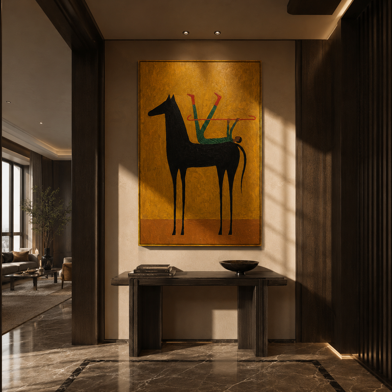 "Acrobat and the Black Horse" – Modern Heavy Impasto Surreal Art | 3D Ochre & Emerald Palette Knife Painting | Luxury Vertical Wall Art #AB 006