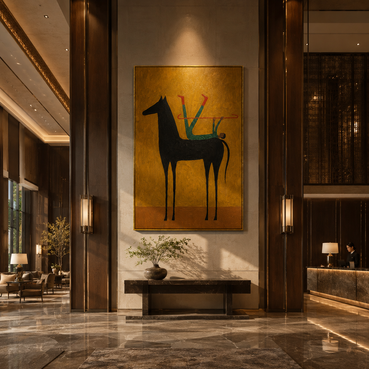 "Acrobat and the Black Horse" – Modern Heavy Impasto Surreal Art | 3D Ochre & Emerald Palette Knife Painting | Luxury Vertical Wall Art #AB 006