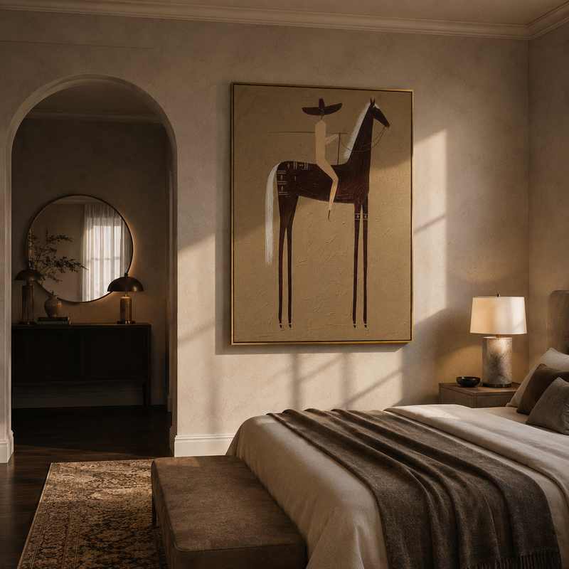 "Desert Vaquero" – Abstract Folk Impasto Artwork | Warm Monochrome Wall Decor | Contemporary Vertical Statement Piece #AB 007