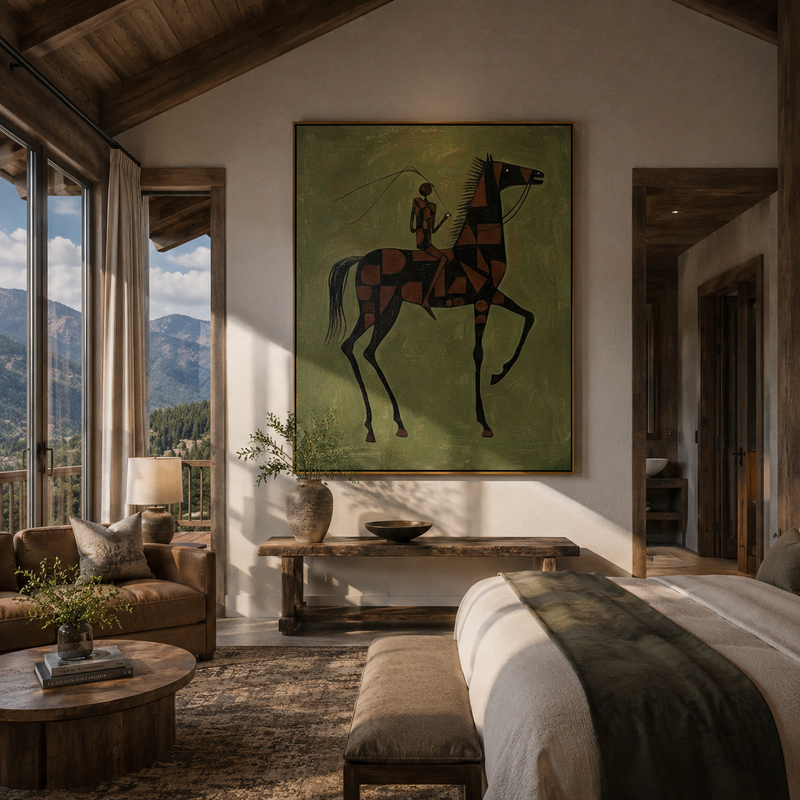 "Geometric Steed & Rider" – Modern Heavy Impasto Tribal Art | 3D Olive & Rust Palette Knife Painting | Luxury Vertical Wall Art #AB 008
