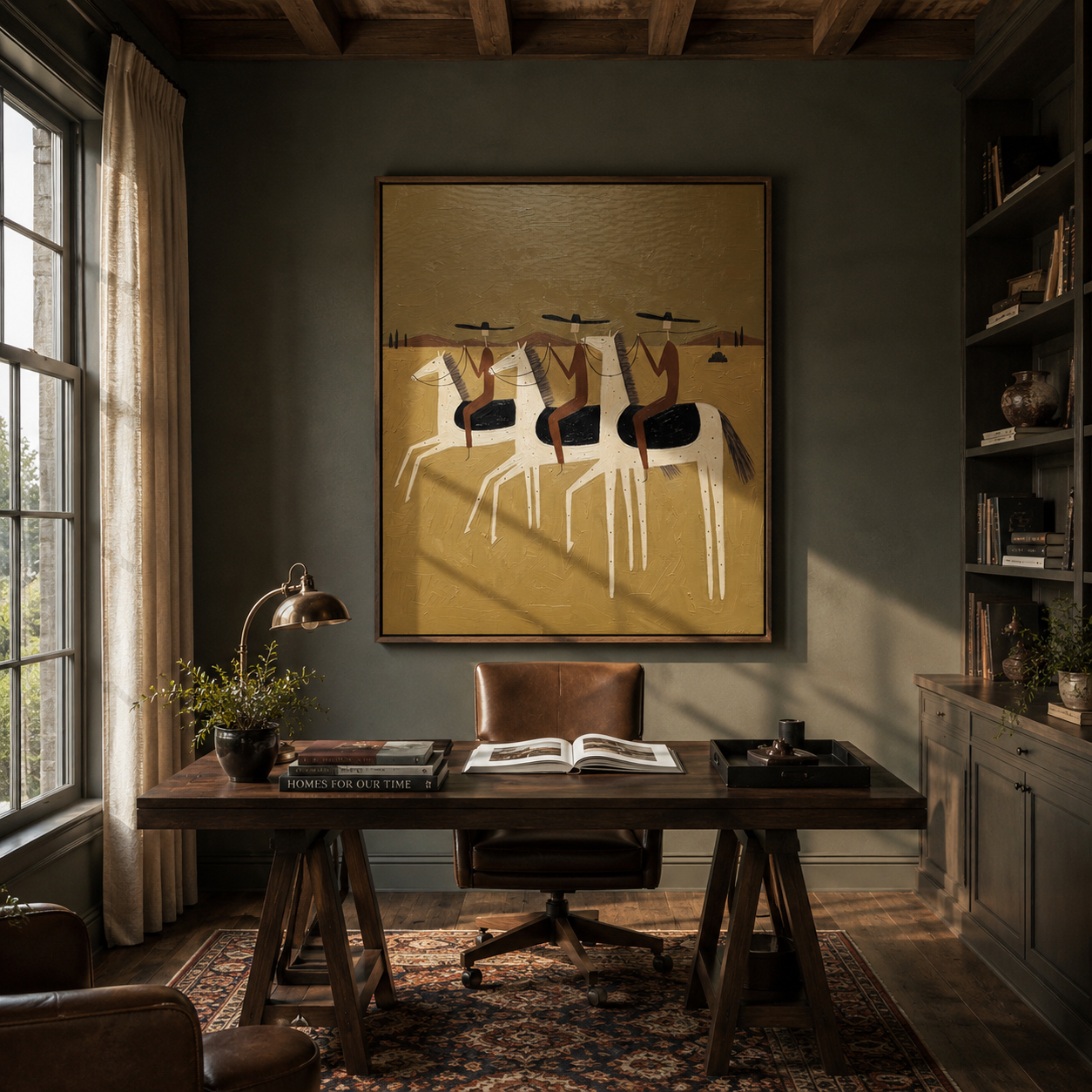 "Desert Riders in Tandem" – Folk Impasto Minimalist Artwork | Warm Earthy Tones Wall Decor | Contemporary Vertical Statement Piece #AB 010