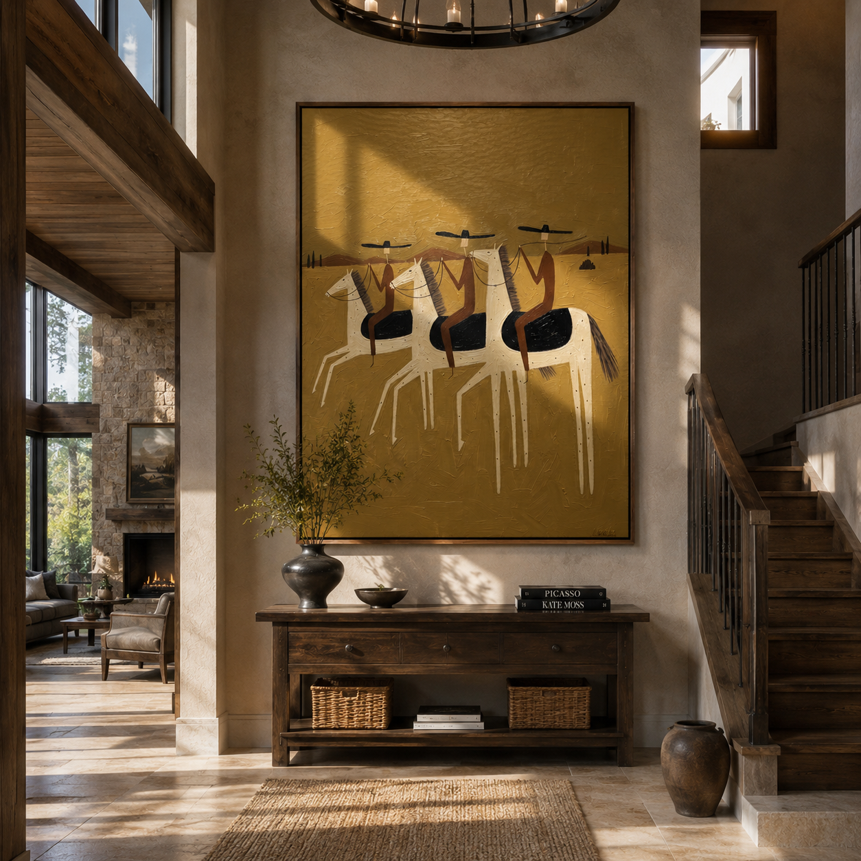 "Desert Riders in Tandem" – Folk Impasto Minimalist Artwork | Warm Earthy Tones Wall Decor | Contemporary Vertical Statement Piece #AB 010
