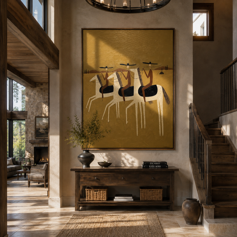 "Desert Riders in Tandem" – Folk Impasto Minimalist Artwork | Warm Earthy Tones Wall Decor | Contemporary Vertical Statement Piece #AB 010
