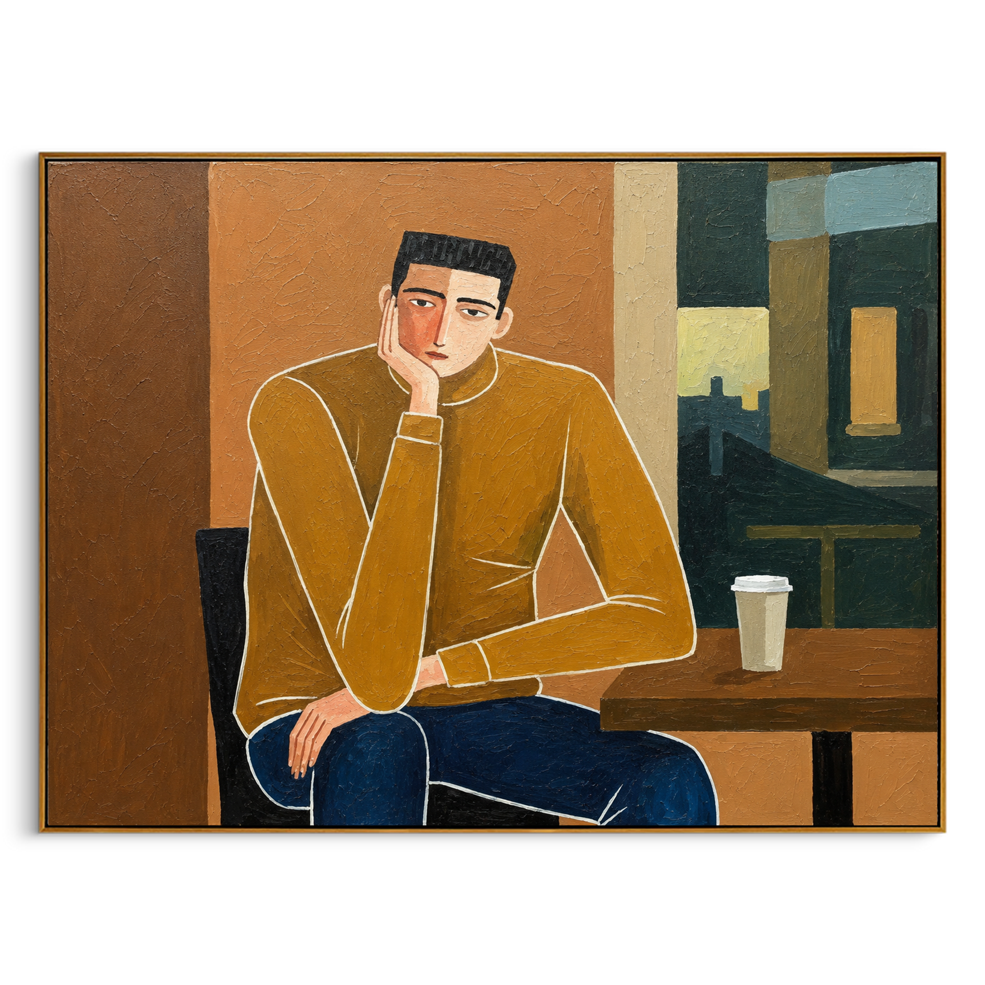 "Café Quiet Contemplation" – Modern Heavy Impasto Figurative Art | 3D Mustard & Umber Palette Knife Painting | Luxury Horizontal Wall Art #PE 025