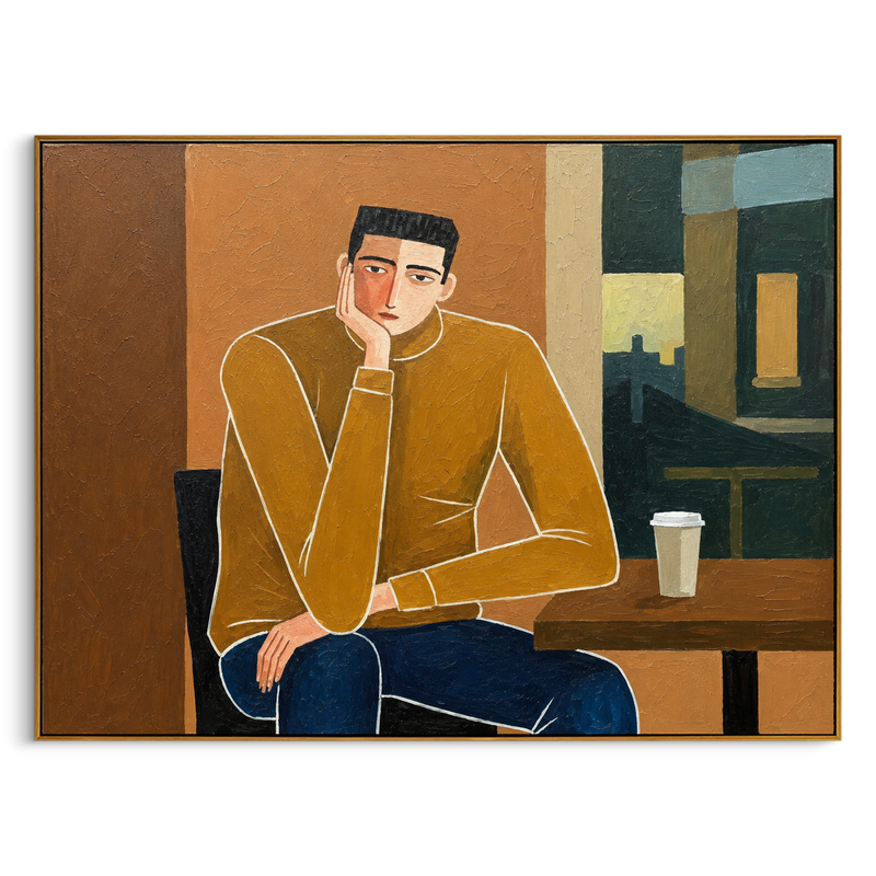 "Café Quiet Contemplation" – Modern Heavy Impasto Figurative Art | 3D Mustard & Umber Palette Knife Painting | Luxury Horizontal Wall Art #PE 025