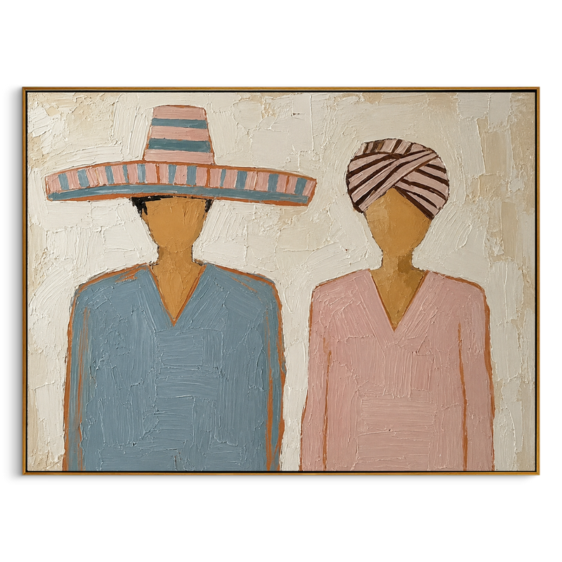 "Pastel Sombrero & Turban Pair" – Modern Heavy Impasto Folk Art | 3D Dusty Blue & Blush Palette Knife Painting | Luxury Horizontal Wall Art #PE 024