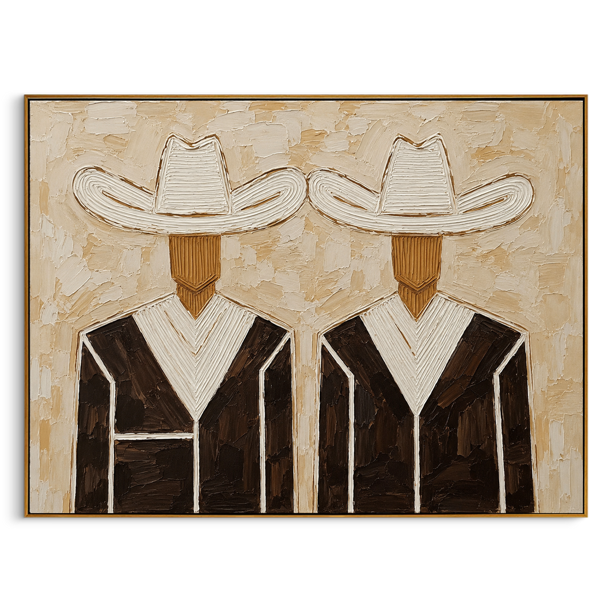 "Neutral Cowboy Pair" – Modern Heavy Impasto Western Art | 3D Beige & Espresso Palette Knife Painting | Luxury Horizontal Wall Art #PE 023