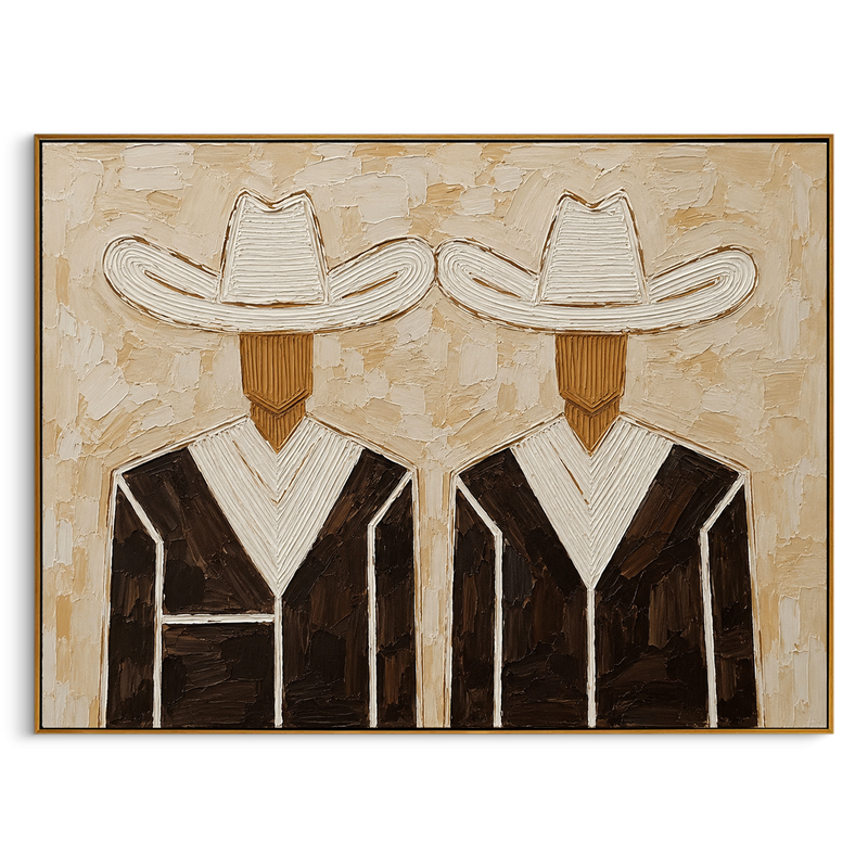 "Neutral Cowboy Pair" – Modern Heavy Impasto Western Art | 3D Beige & Espresso Palette Knife Painting | Luxury Horizontal Wall Art #PE 023