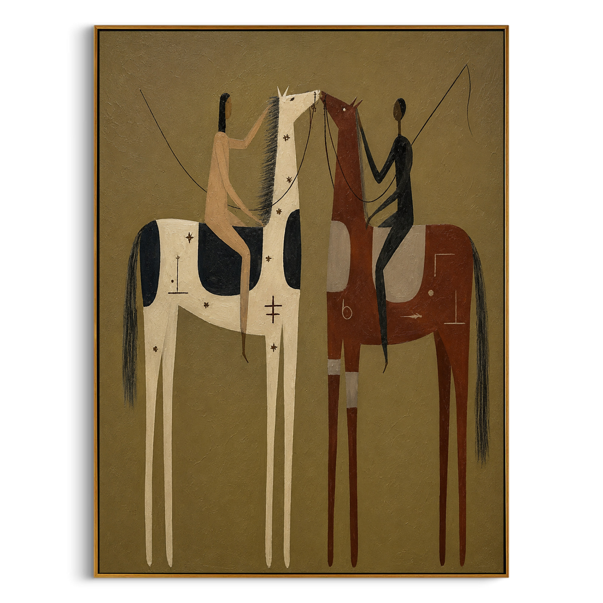 "Two Riders in Communion" – Modern Heavy Impasto Tribal Art | 3D Ochre & Sienna Palette Knife Painting | Luxury Vertical Wall Art #AB 014