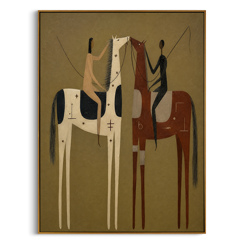 "Two Riders in Communion" – Modern Heavy Impasto Tribal Art | 3D Ochre & Sienna Palette Knife Painting | Luxury Vertical Wall Art #AB 014