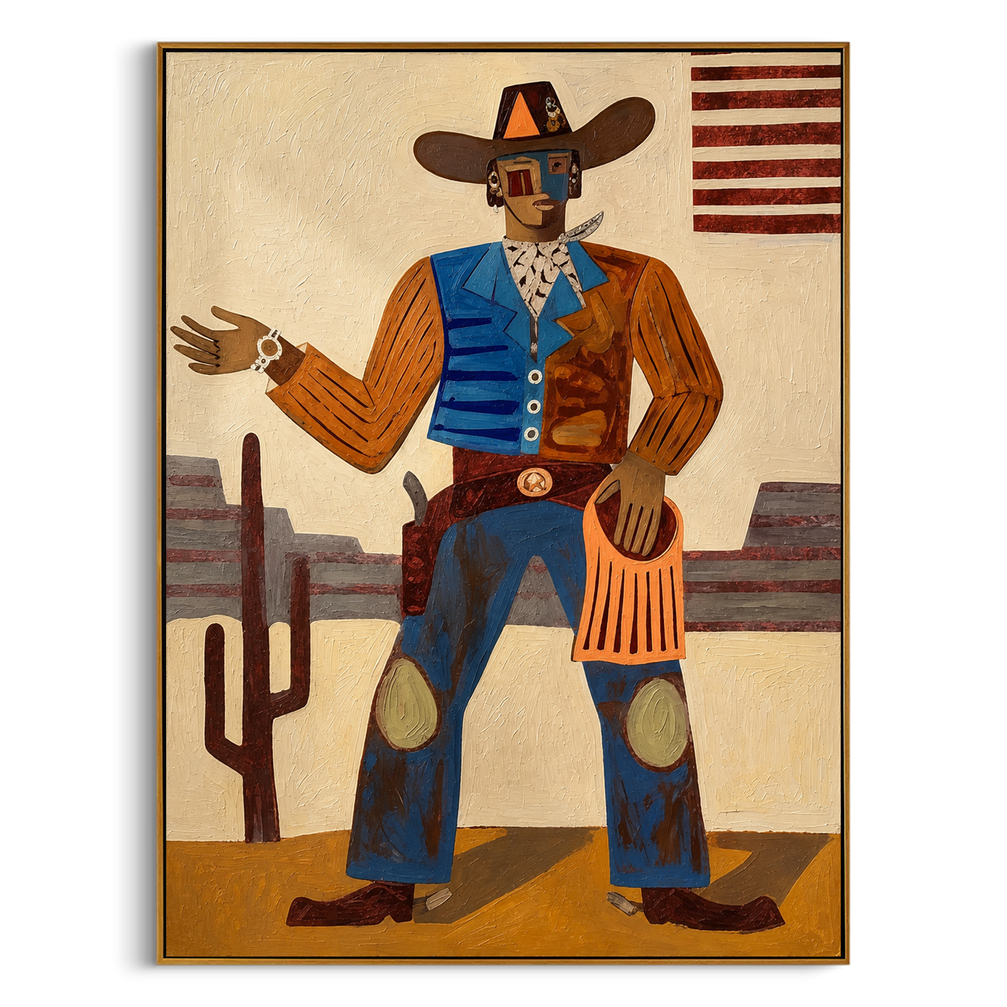 "Frontier Storyteller" – Tribal-Inspired Impasto Art | 3D Layered Ochre & Indigo Canvas | Luxury Vertical Wall Art #PE 017