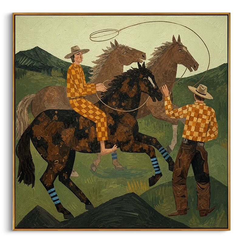 "Prairie Cowboys & Wild Horses" – Modern Heavy Impasto Western Folk Art | 3D Moss Green & Golden Check Palette Knife Painting | Luxury Square Wall Art #PT 038