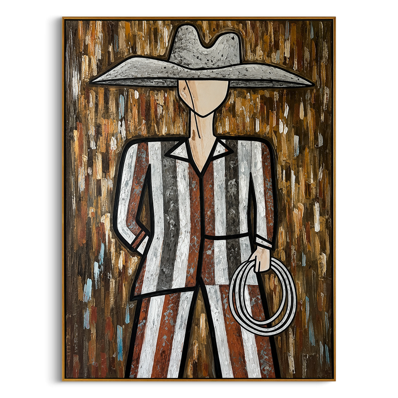 "The Striped Cowboy" – Modern Heavy Impasto Western Art | 3D Rust & Charcoal Palette Knife Painting | Luxury Vertical Wall Art #PE 019