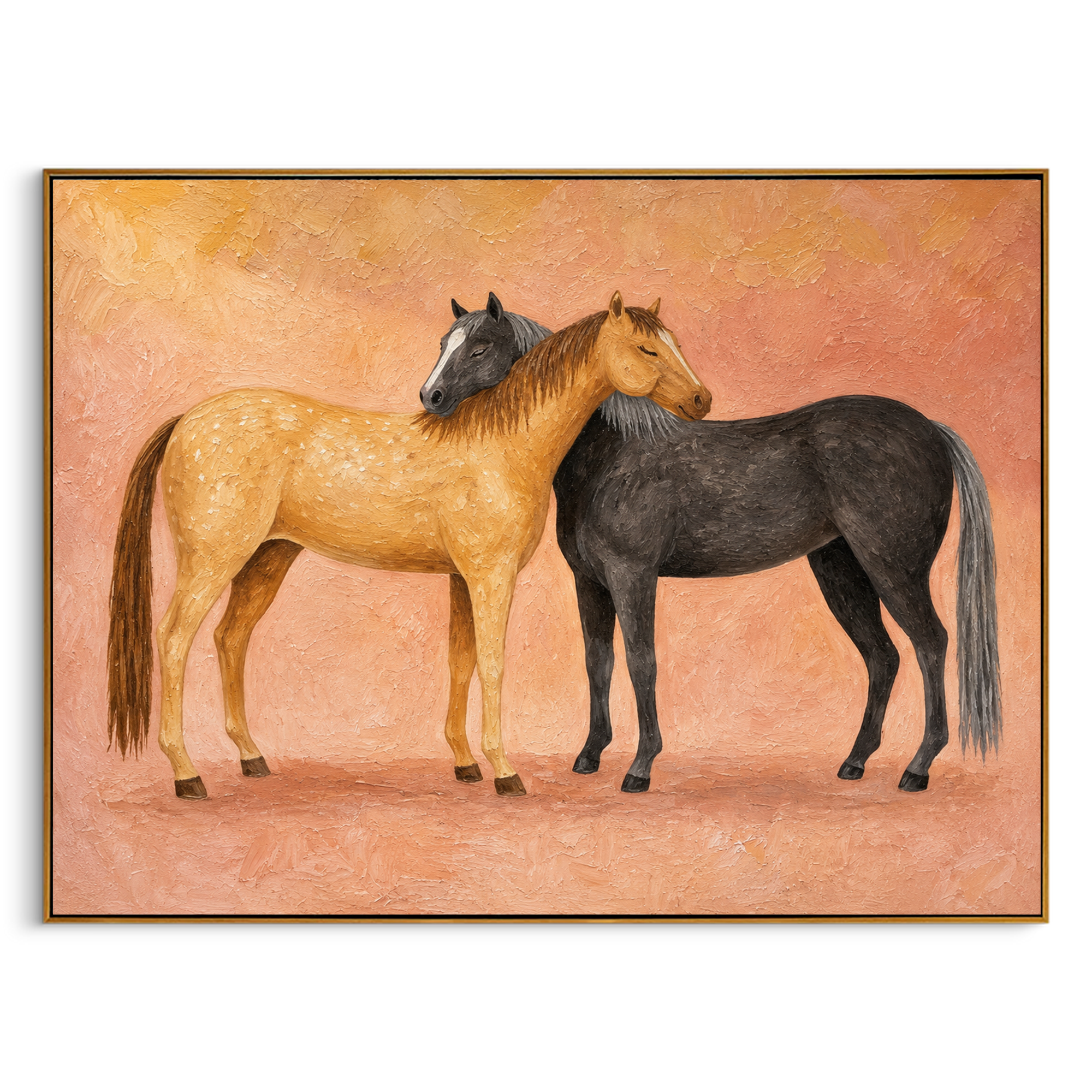 "Affectionate Horse Duo" – Modern Heavy Impasto Animal Art | 3D Sand & Charcoal Palette Knife Painting | Luxury Horizontal Wall Art #PE 005