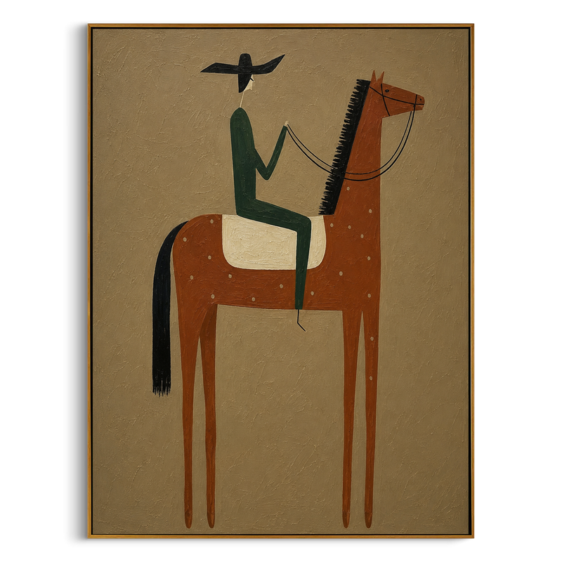 "The Rust Steed Rider" – Modern Heavy Impasto Western Art | 3D Umber & Forest Green Palette Knife Painting | Luxury Vertical Wall Art #AB 016