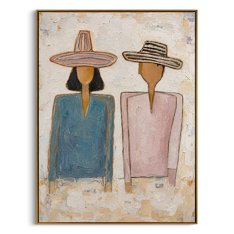 "Two Friends in Summer Hats" – Modern Heavy Impasto Figurative Art | 3D Blush & Teal Palette Knife Painting | Luxury Vertical Wall Art #PE 018