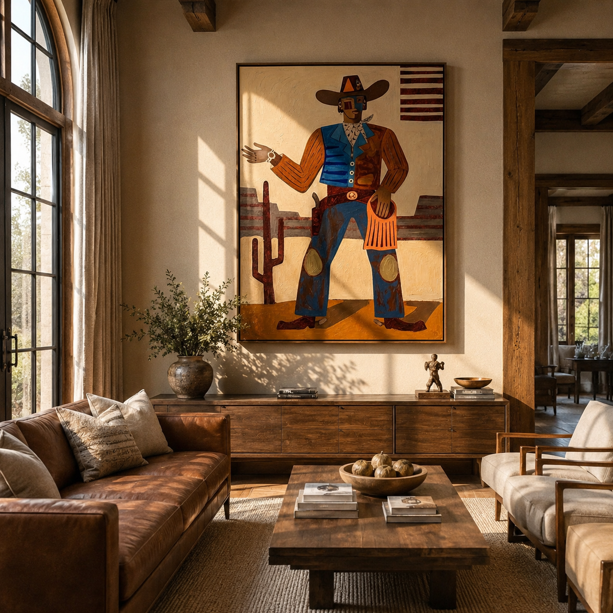 "Frontier Storyteller" – Tribal-Inspired Impasto Art | 3D Layered Ochre & Indigo Canvas | Luxury Vertical Wall Art #PE 017