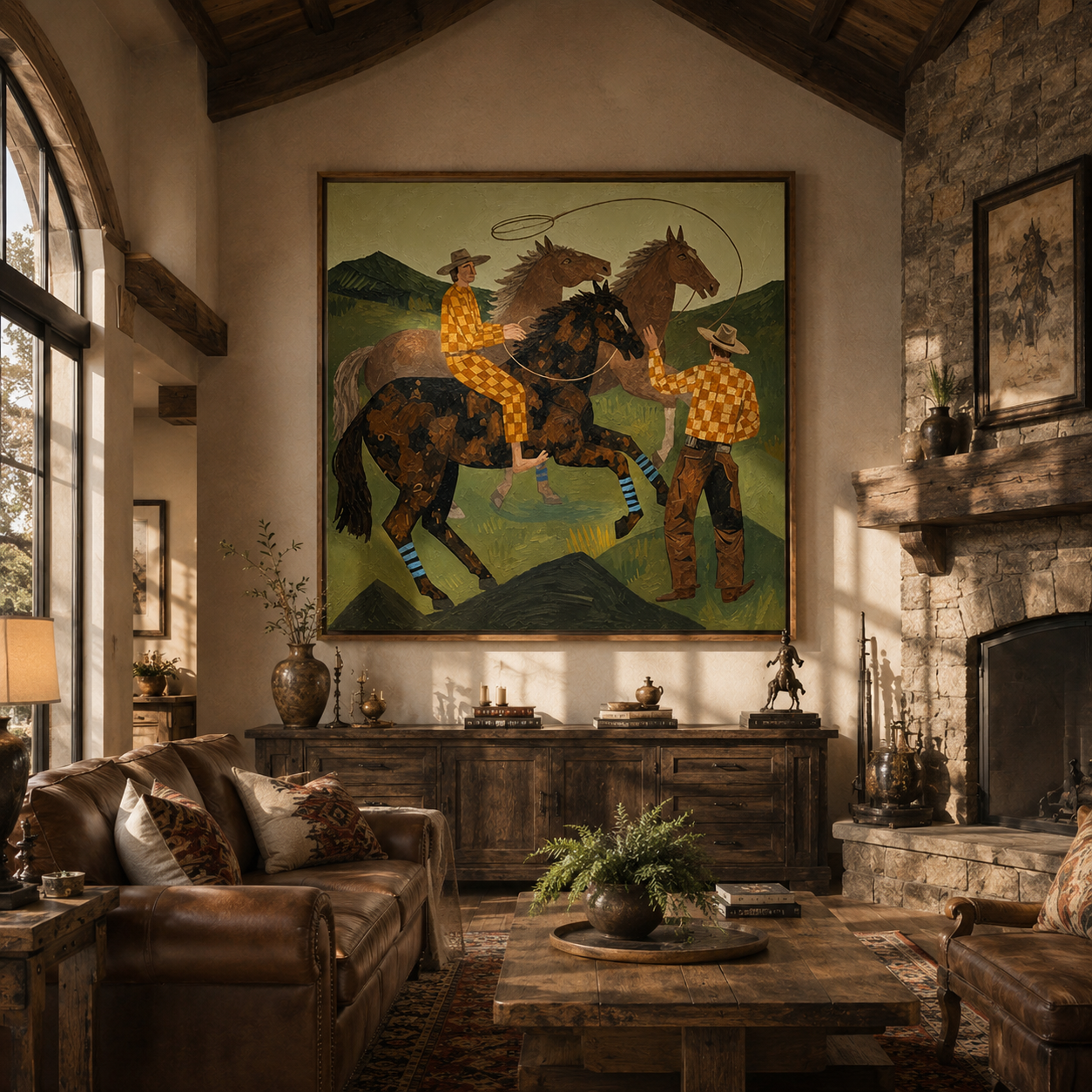 "Prairie Cowboys & Wild Horses" – Modern Heavy Impasto Western Folk Art | 3D Moss Green & Golden Check Palette Knife Painting | Luxury Square Wall Art #PT 038
