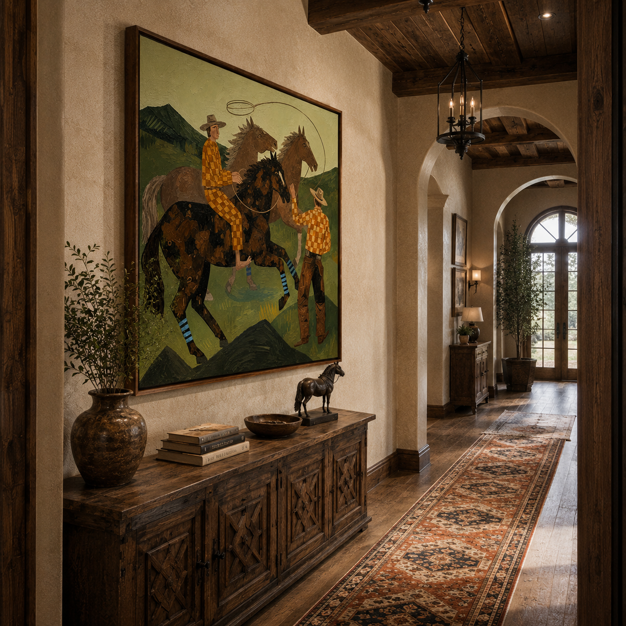 "Prairie Cowboys & Wild Horses" – Modern Heavy Impasto Western Folk Art | 3D Moss Green & Golden Check Palette Knife Painting | Luxury Square Wall Art #PT 038