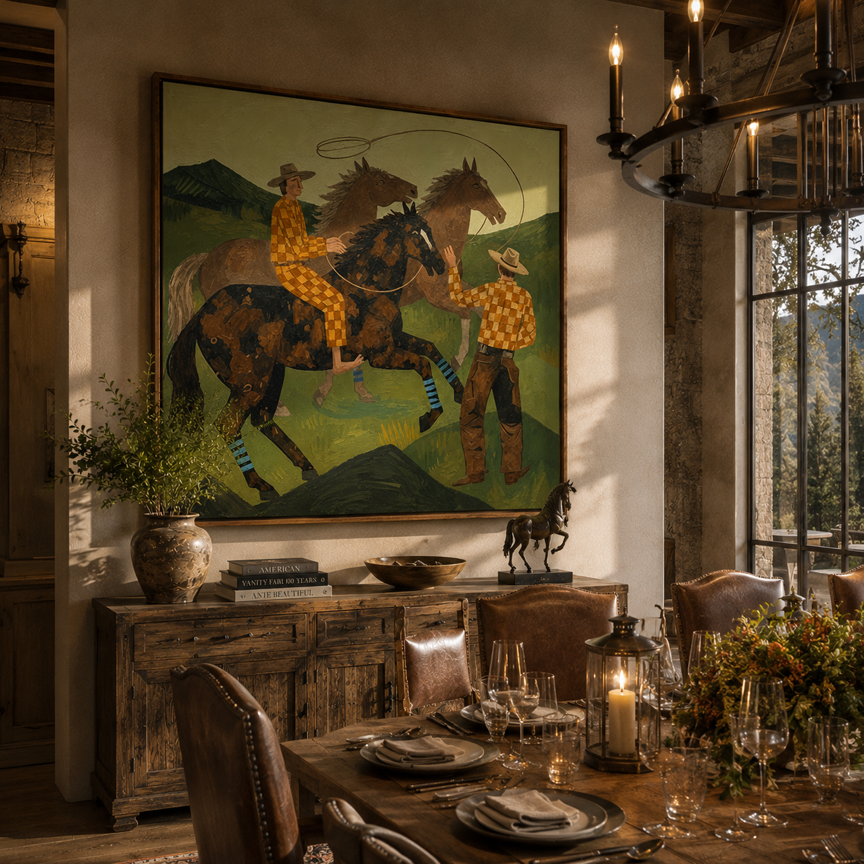 "Prairie Cowboys & Wild Horses" – Modern Heavy Impasto Western Folk Art | 3D Moss Green & Golden Check Palette Knife Painting | Luxury Square Wall Art #PT 038