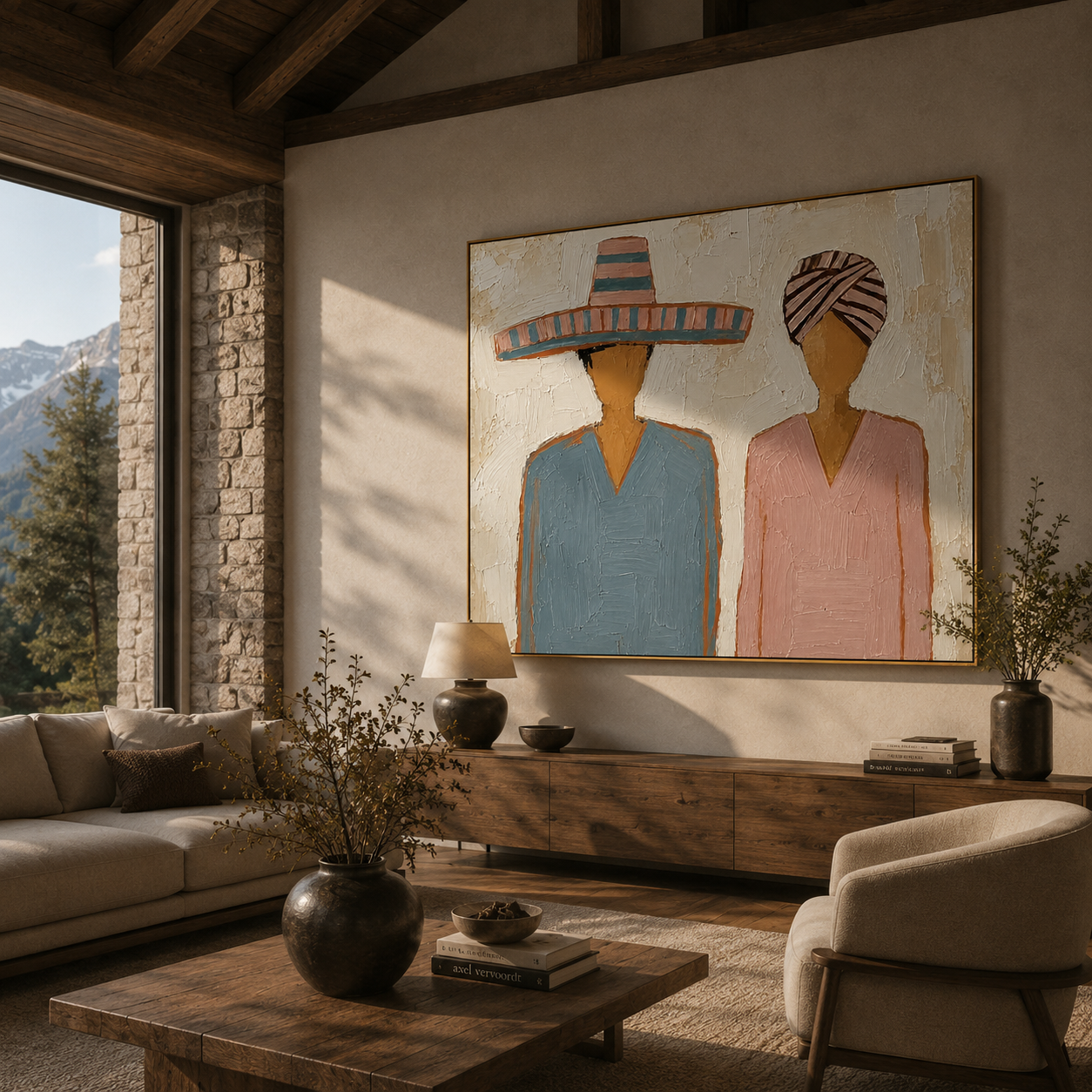 "Pastel Sombrero & Turban Pair" – Modern Heavy Impasto Folk Art | 3D Dusty Blue & Blush Palette Knife Painting | Luxury Horizontal Wall Art #PE 024