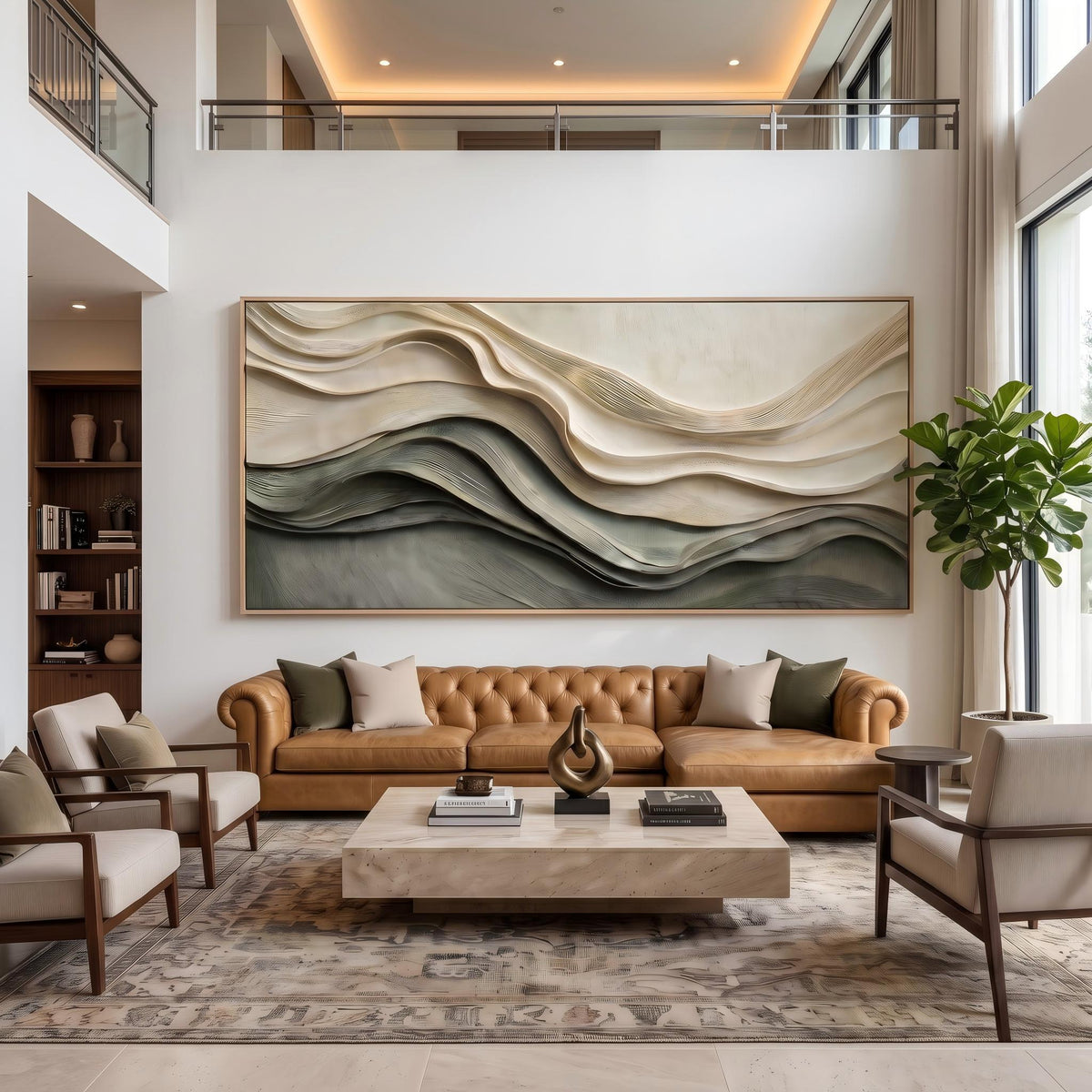 "Layered Wave Abstract" - Modern Heavy Impasto Ocean Wave Seascape | Beige Palette Knife Painting | Luxury Horizontal Wall Art #YK 1609