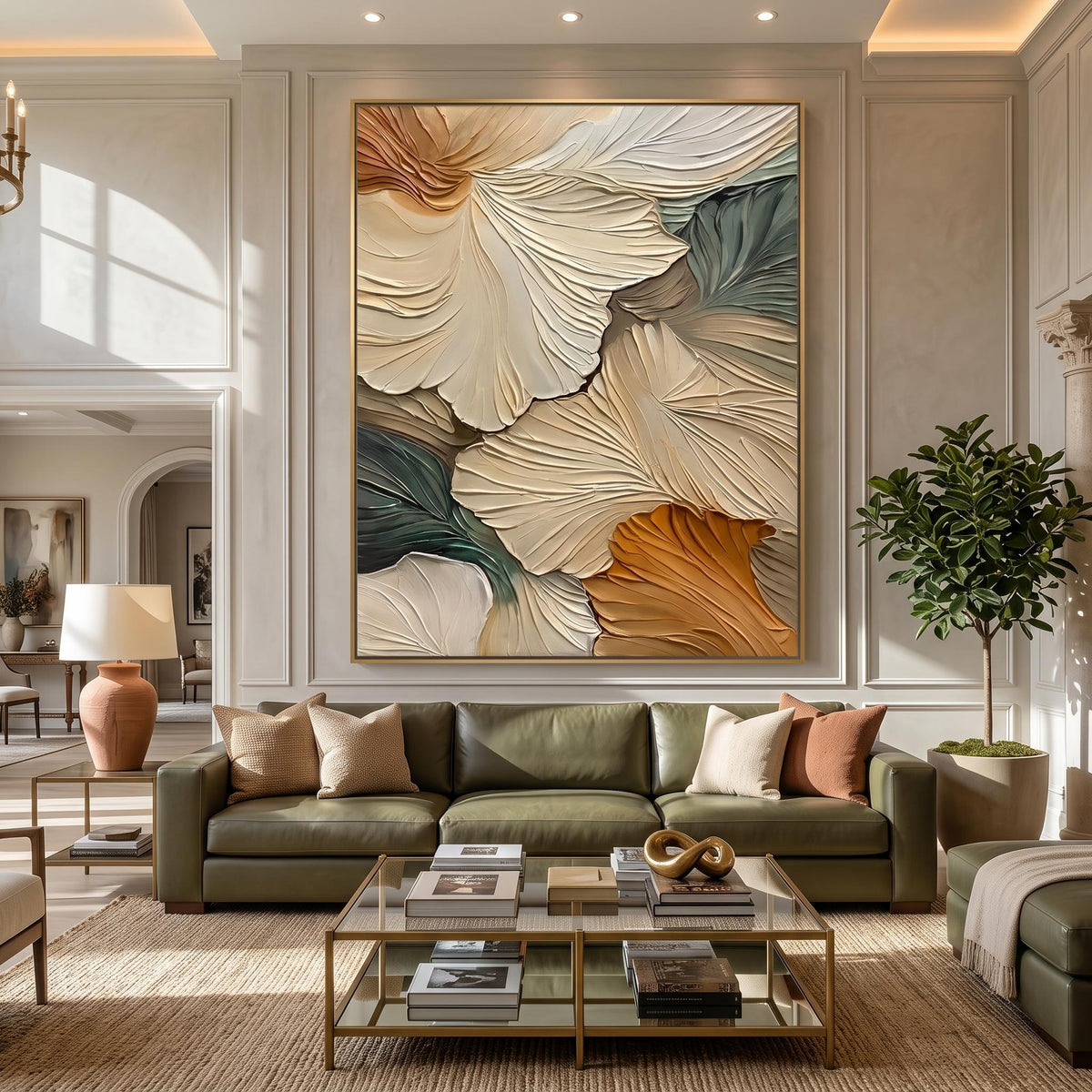 "Abstract Ginkgo Leaf" - Modern Heavy Impasto Botanical Tree Artwork | Beige Palette Knife Painting | Luxury Vertical Wall Art #YK 1548
