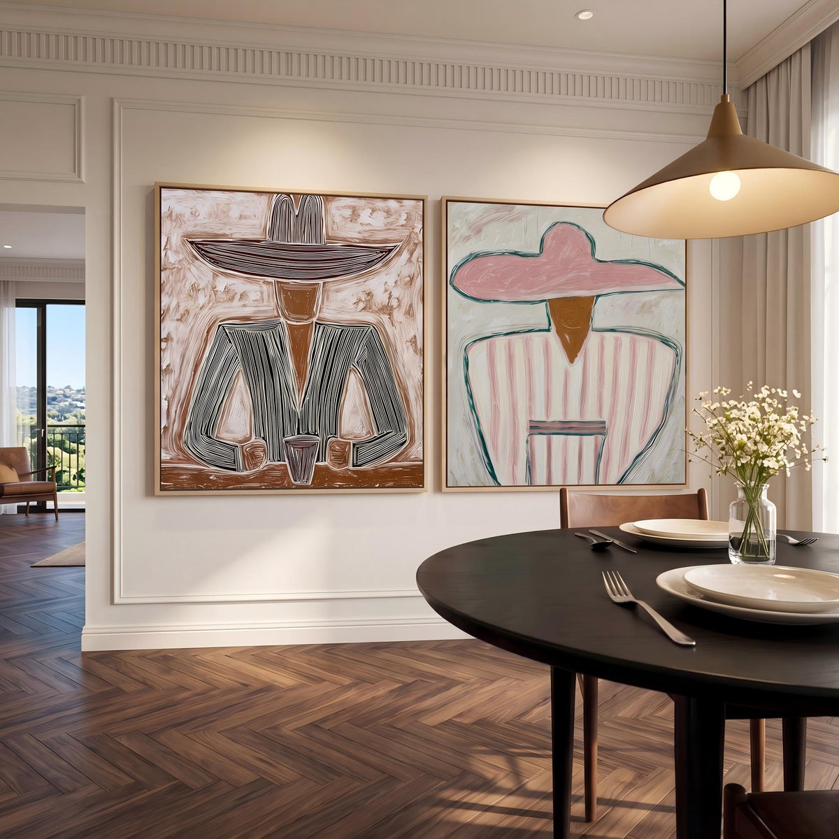 "Double Wide Striped Hat Western Cowboy and Girl" - Modern Heavy Impasto Western Animal Artwork | Golden Palette Knife Painting | Luxury Two-Panel Square Wall Art #YK 1568