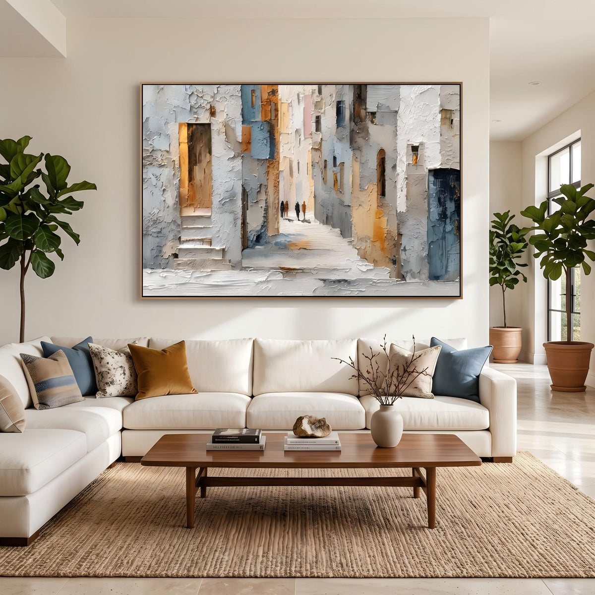 "European Old Town Street" - Modern Heavy Impasto Abstract Artwork | Beige & Grey Palette Knife Painting | Luxury Horizontal Wall Art #YK 1561
