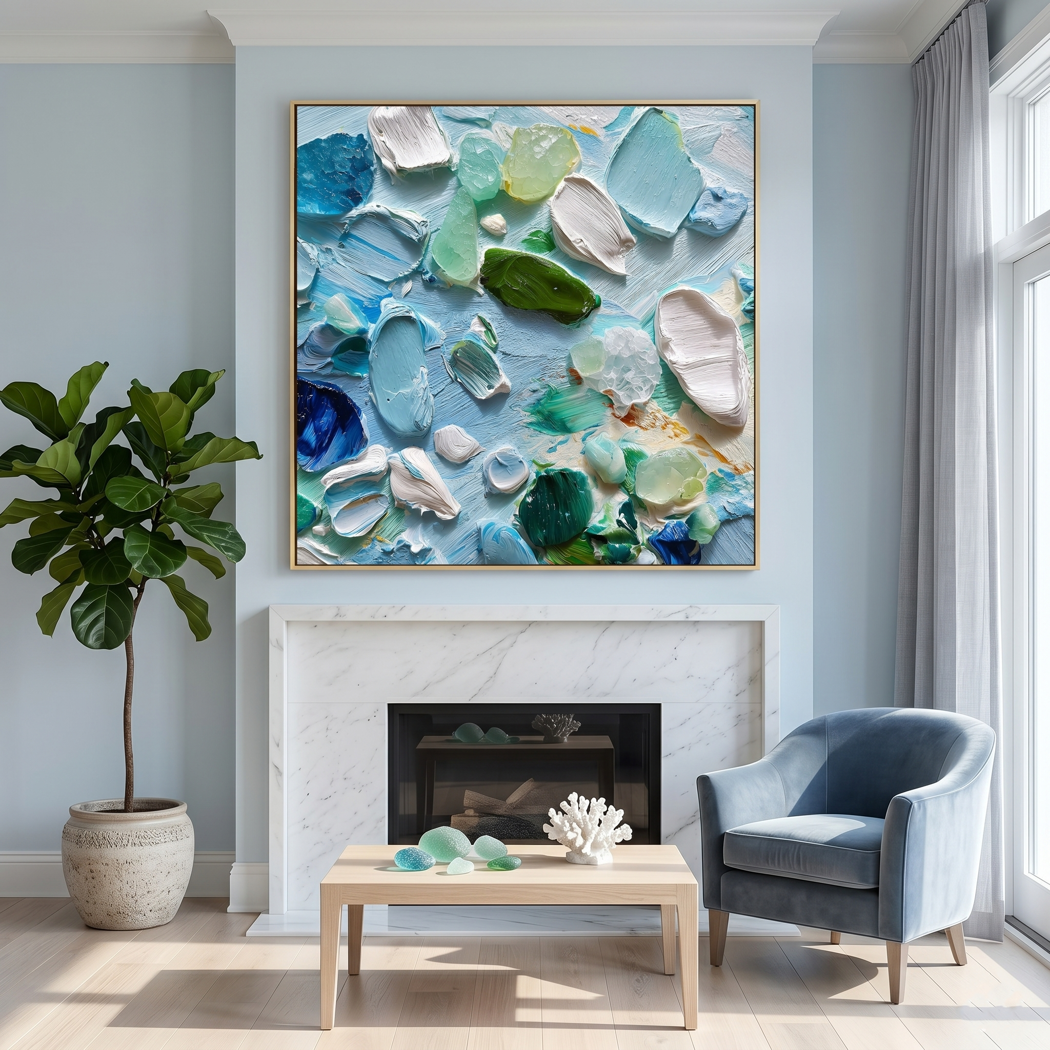 "Tidal Fragments" – Modern 3D Sea Glass Impasto Relief | Refreshing Coastal Mosaic Art