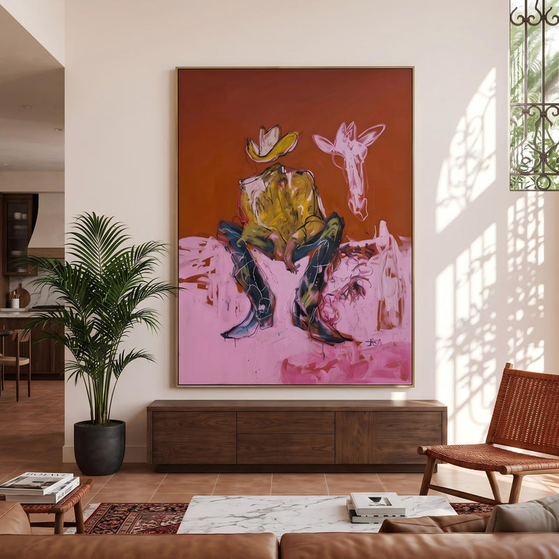 "Squatting faceless cowboy" - Modern Heavy Impasto Western Animal Artwork | Pink Palette Knife Painting | Luxury Vertical Wall Art #YK 1578