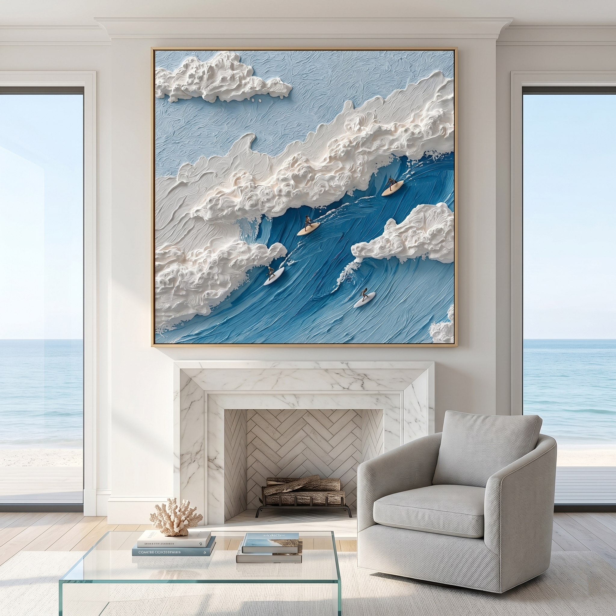 "Infinite Crest" – Modern 3D Heavy Impasto Surfing Relief | Energetic Azure Statement Art