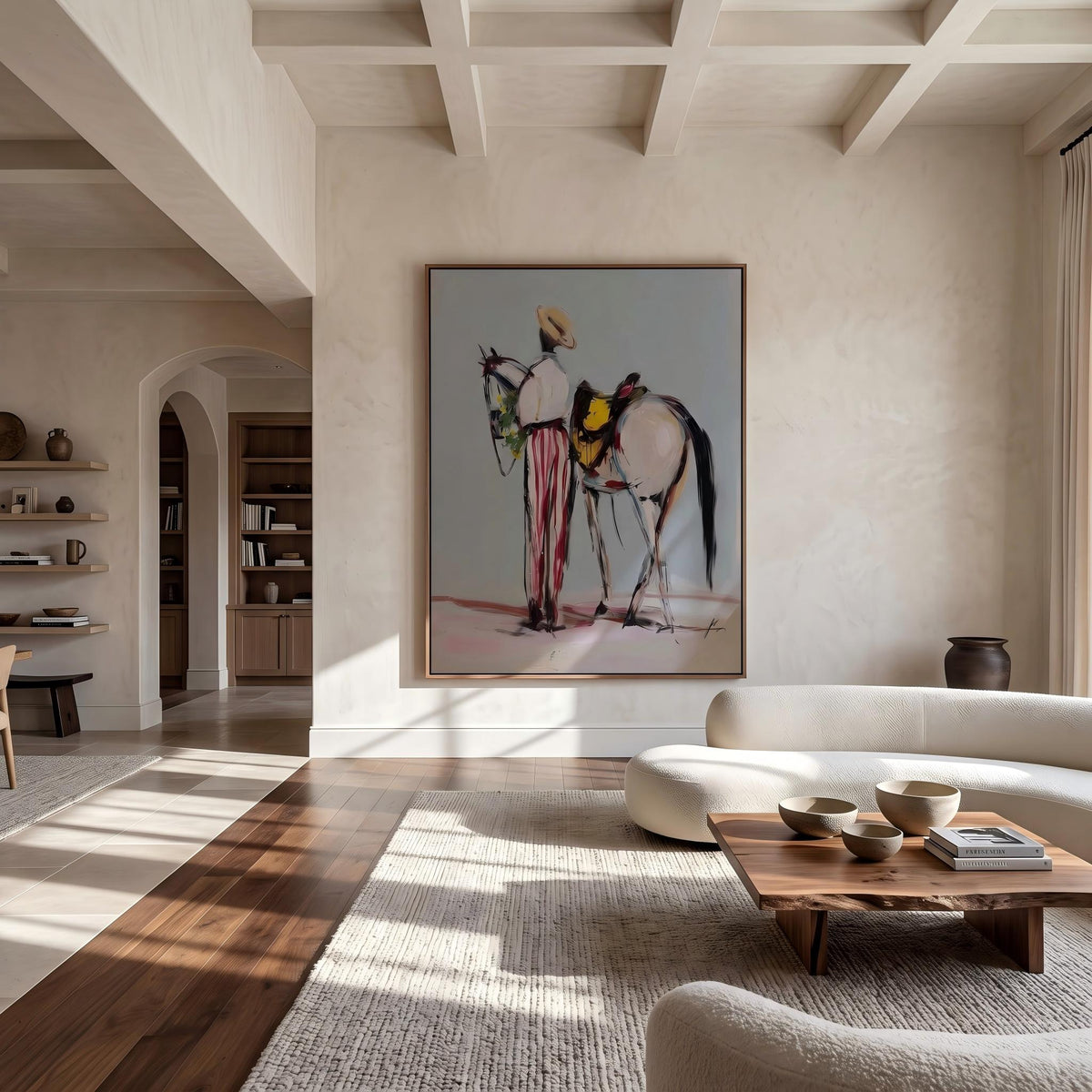 "Western Cowboy and Horse" - Modern Heavy Impasto Western Animal Artwork | White Palette Knife Painting | Luxury Vertical Wall Art #YK 1570