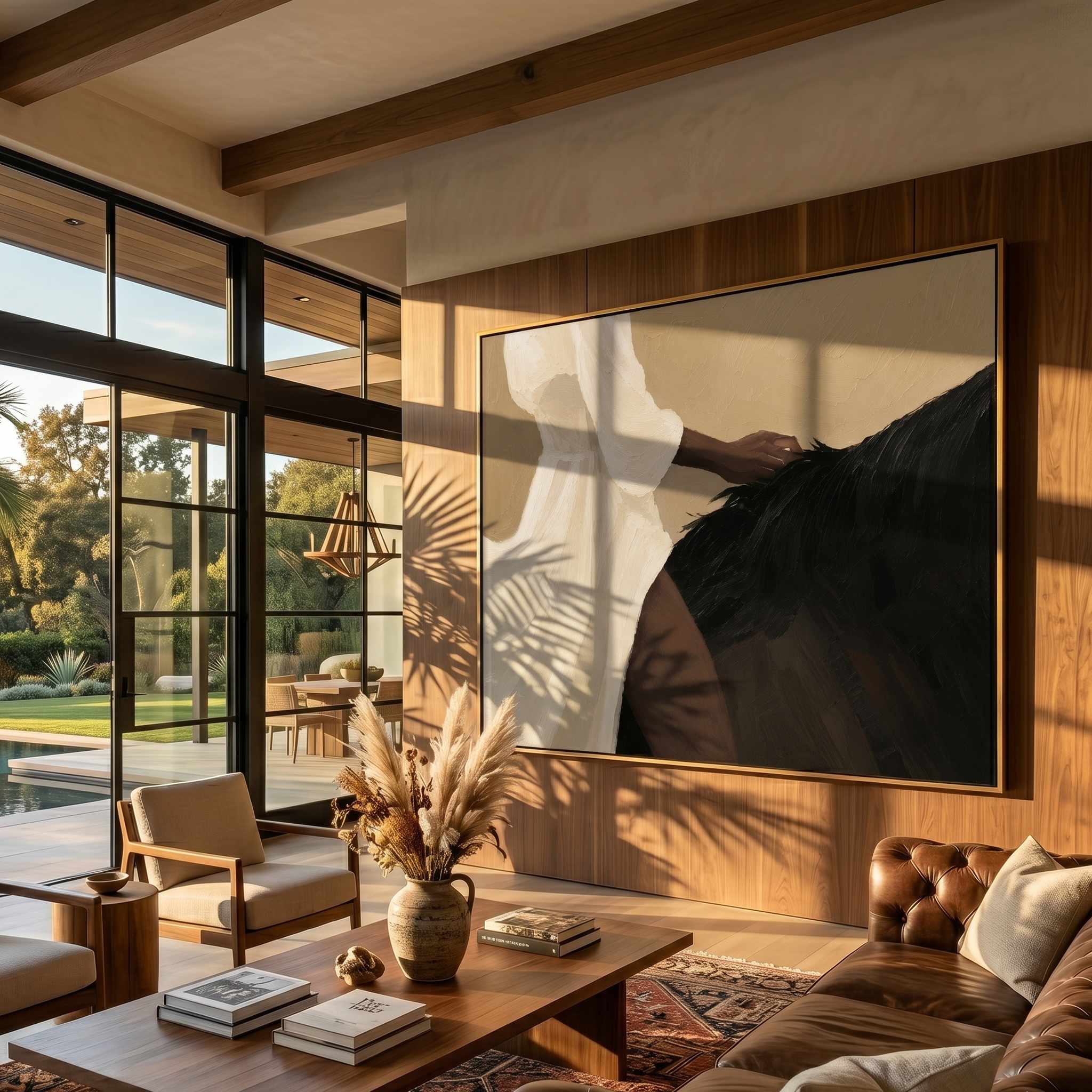 "The Quiet Bond" – Modern Heavy Impasto Figurative Art | 3D Beige & Black Palette Knife Painting | Luxury Horizontal Wall Art #PT 036