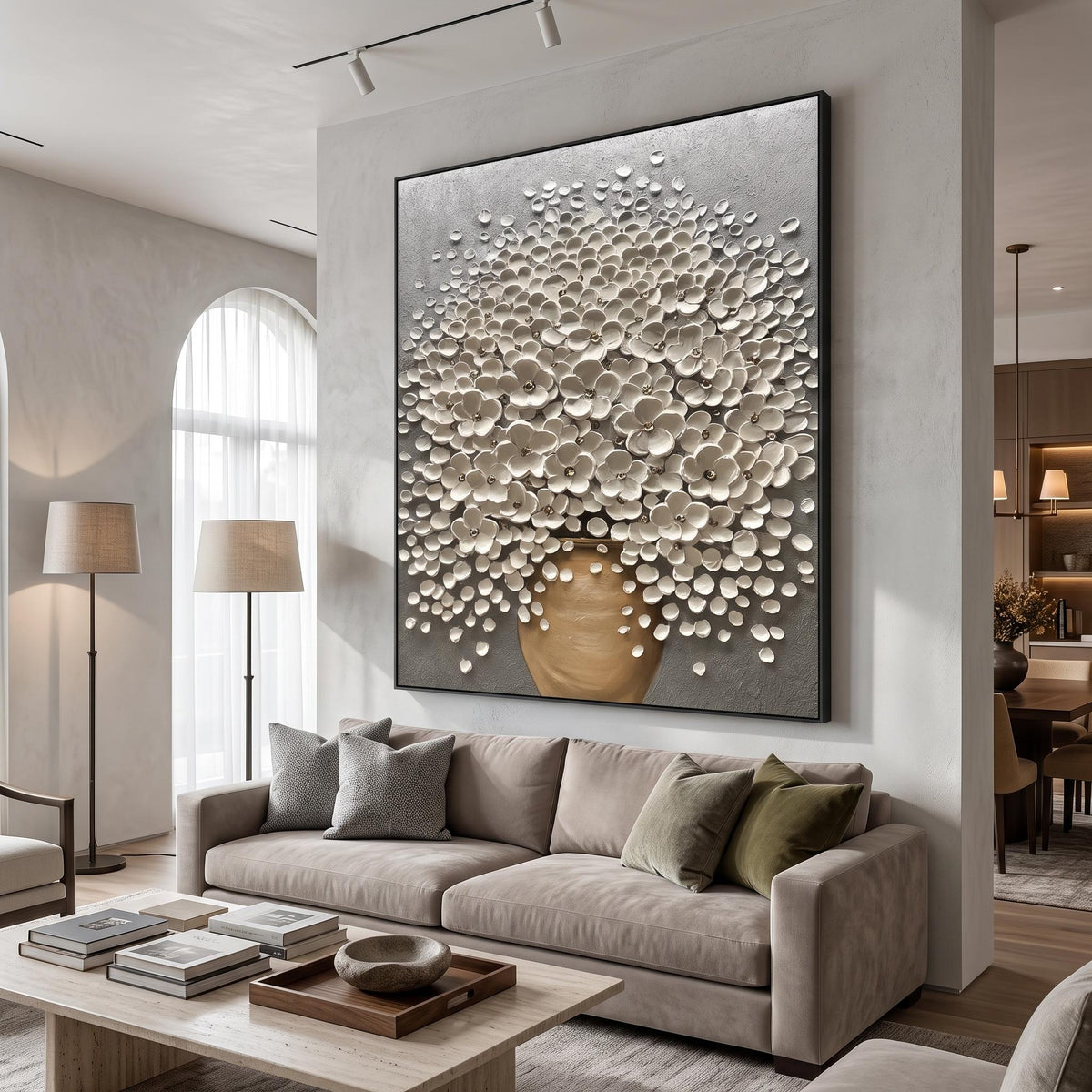 "Luxury 3D Blossom Wall" - Modern Heavy Impasto Floral Abstract | 3D Grey Palette Knife Painting | Luxury Vertical Wall Art #YK 1549