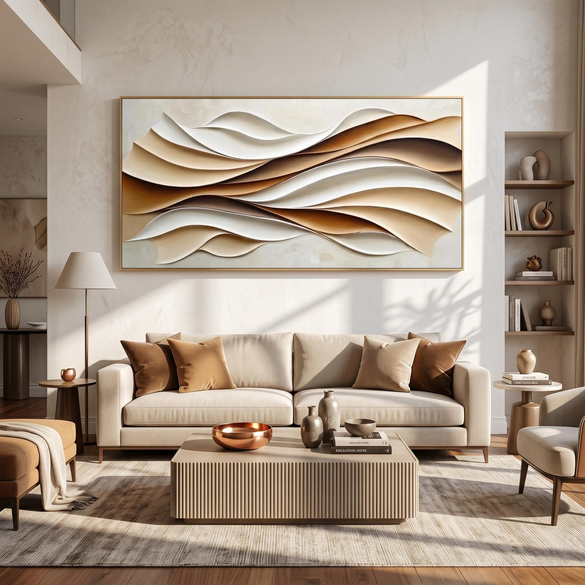 "Layered Wave" - Modern Heavy Impasto Ocean Wave Seascape | Beige Palette Knife Painting | Luxury Horizontal Wall Art #YK 1555