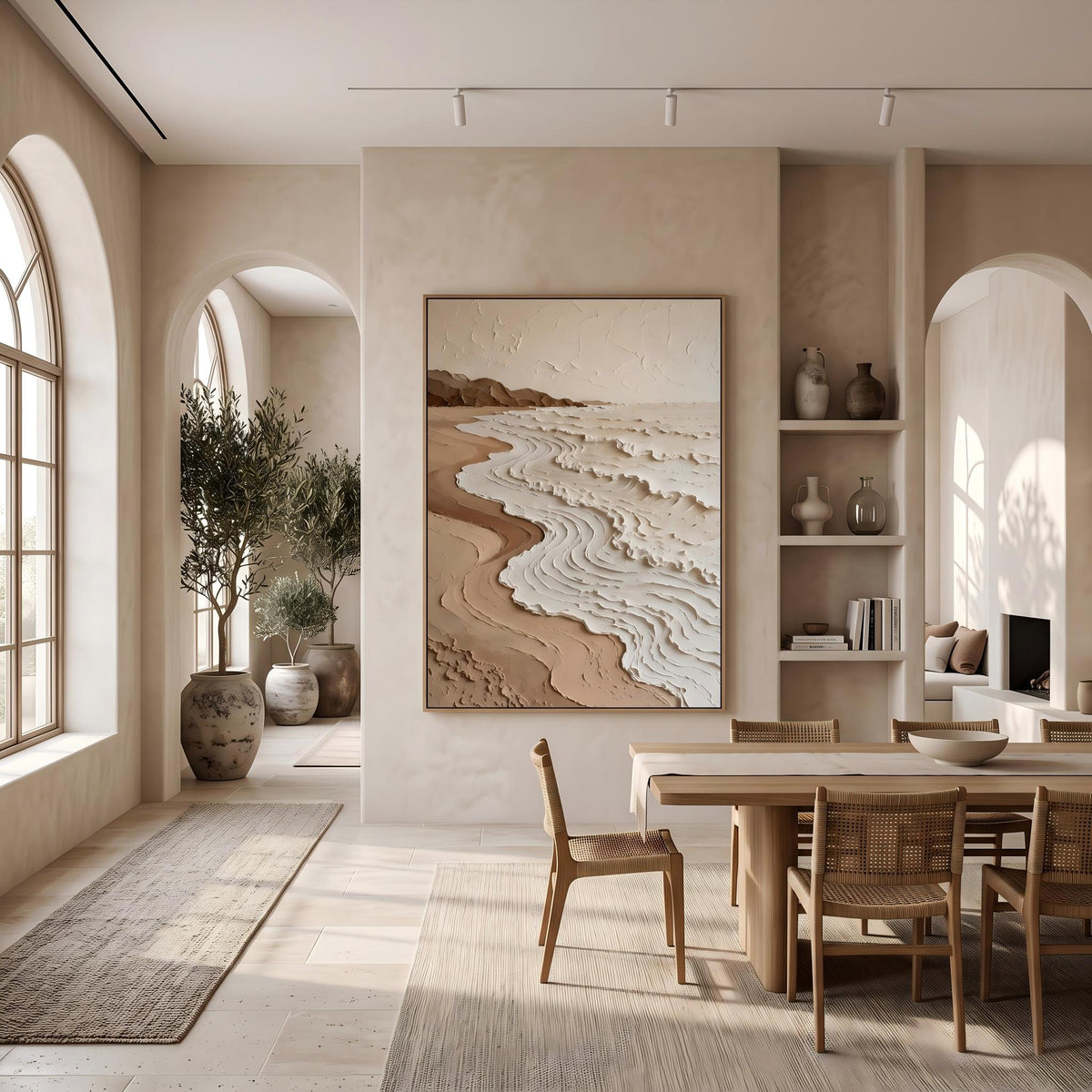 "Neutral Tones Stereoscopic Seaside Wall Decor" - Modern Heavy Impasto Coastal Landscape | Beige Palette Knife Painting | Luxury Vertical Wall Art #YK 1613