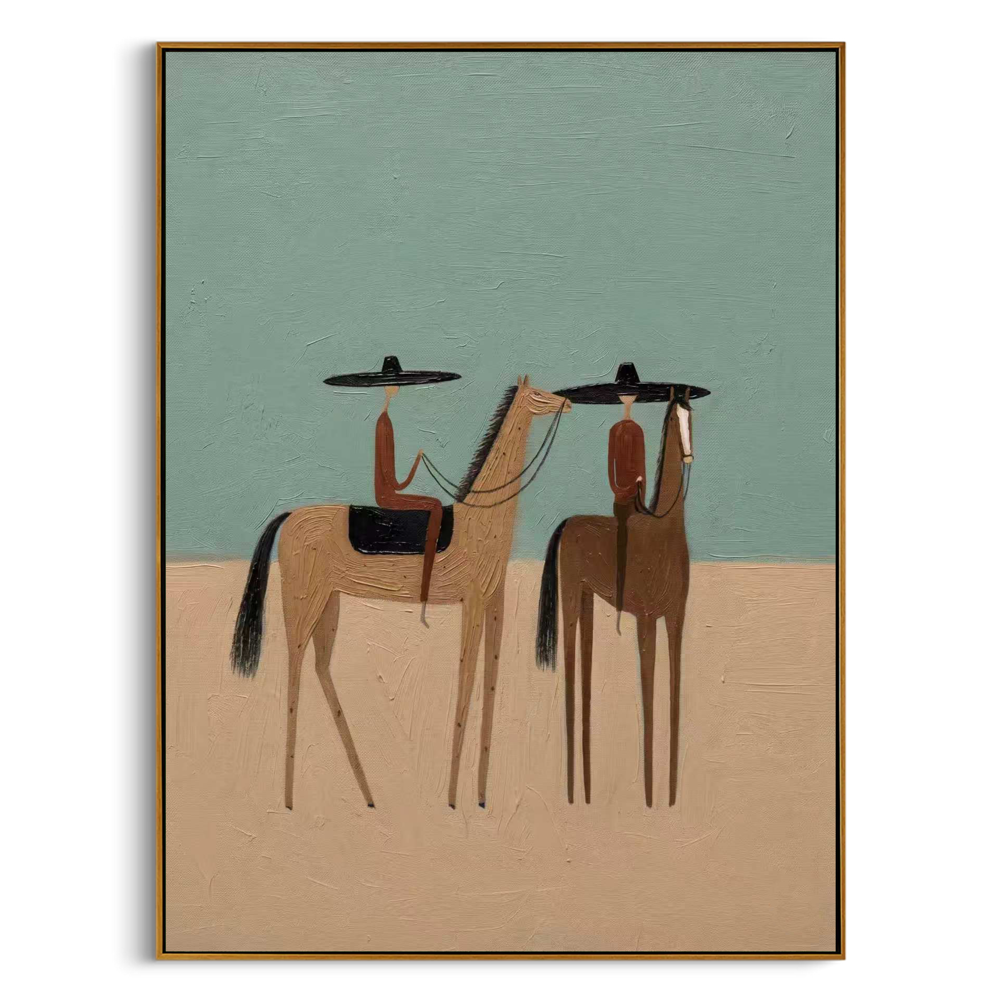 "Two Riders at Rest" – Modern Heavy Impasto Western Art | 3D Sage & Sand Palette Knife Painting | Luxury Vertical Wall Art #AB 011