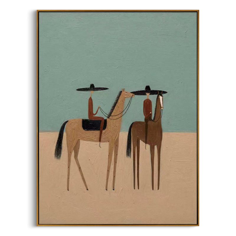 "Two Riders at Rest" – Modern Heavy Impasto Western Art | 3D Sage & Sand Palette Knife Painting | Luxury Vertical Wall Art #AB 011