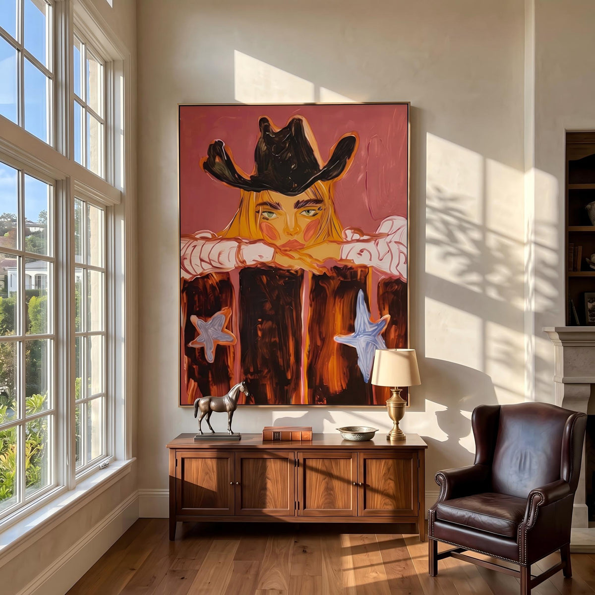 "Western Cowboy Girl" - Modern Heavy Impasto Western Animal Artwork | Orange Palette Knife Painting | Luxury Vertical Wall Art #YK 1580