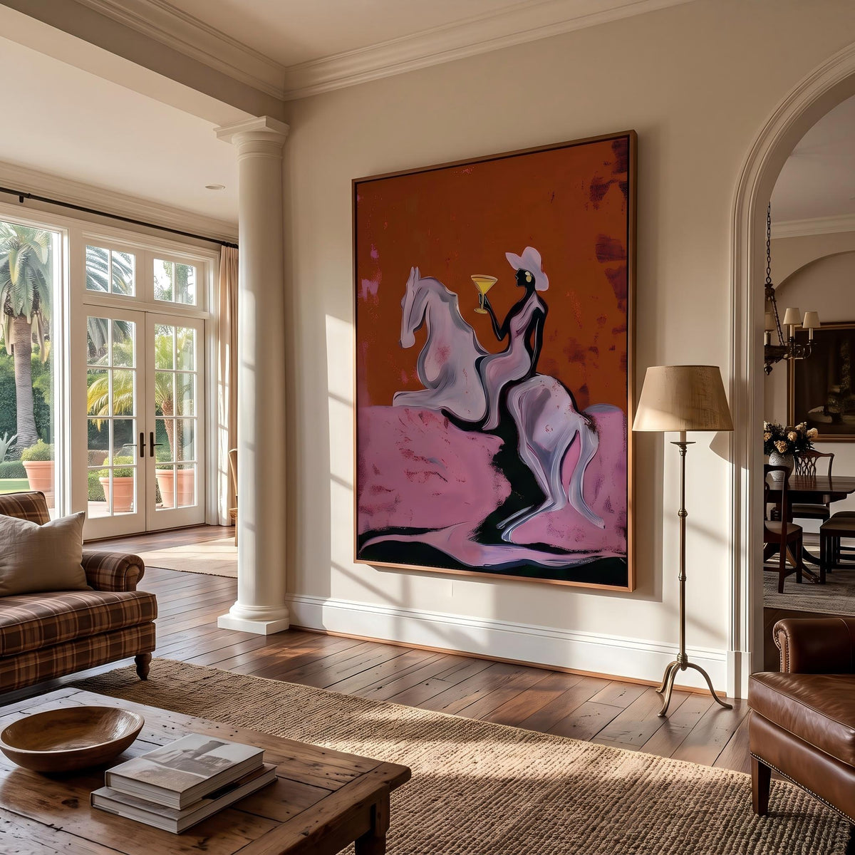 "Cowgirl Martini Ride" - Modern Heavy Impasto Western Animal Artwork | Pink Palette Knife Painting | Luxury Vertical Wall Art #YK 1571