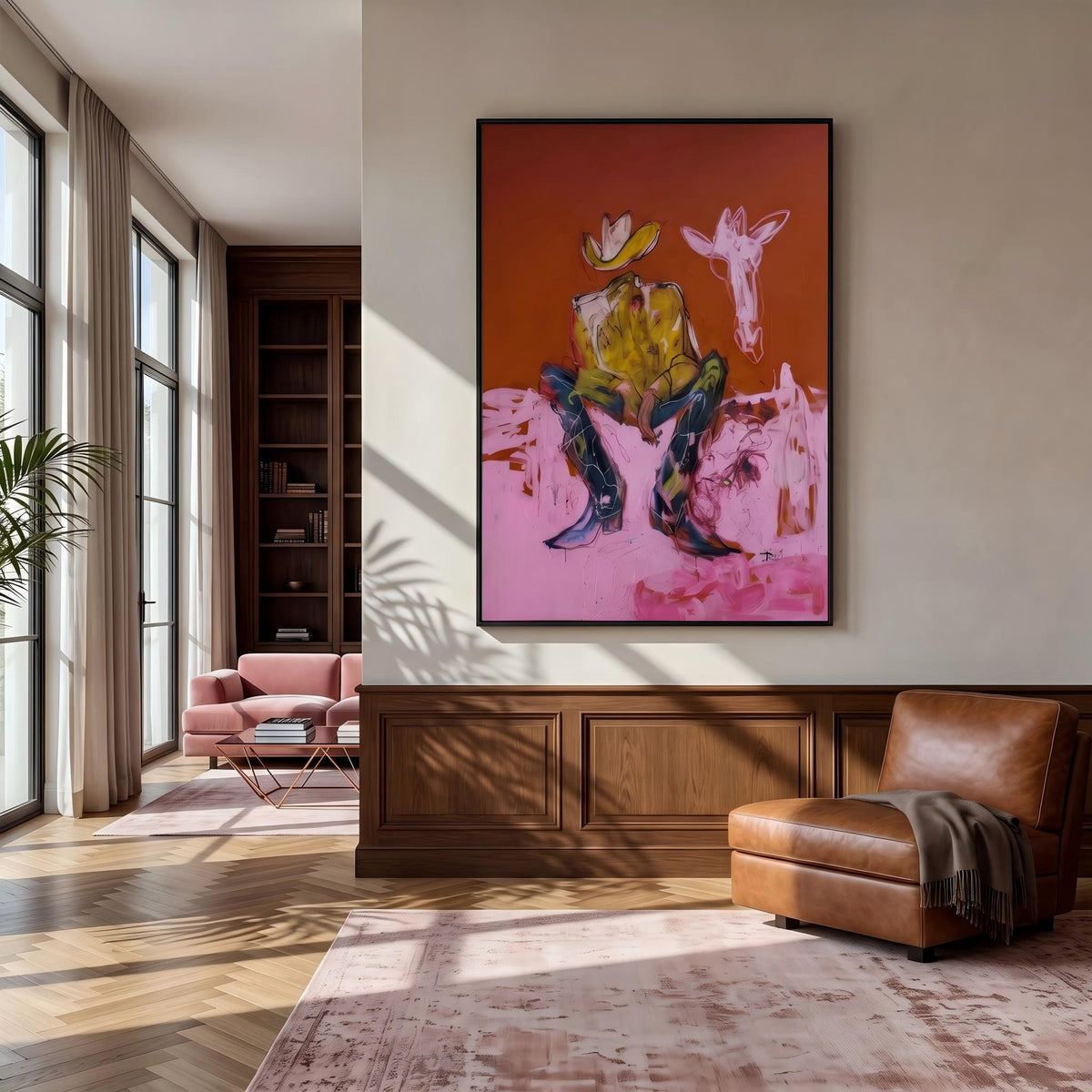 "Squatting faceless cowboy" - Modern Heavy Impasto Western Animal Artwork | Pink Palette Knife Painting | Luxury Vertical Wall Art #YK 1578