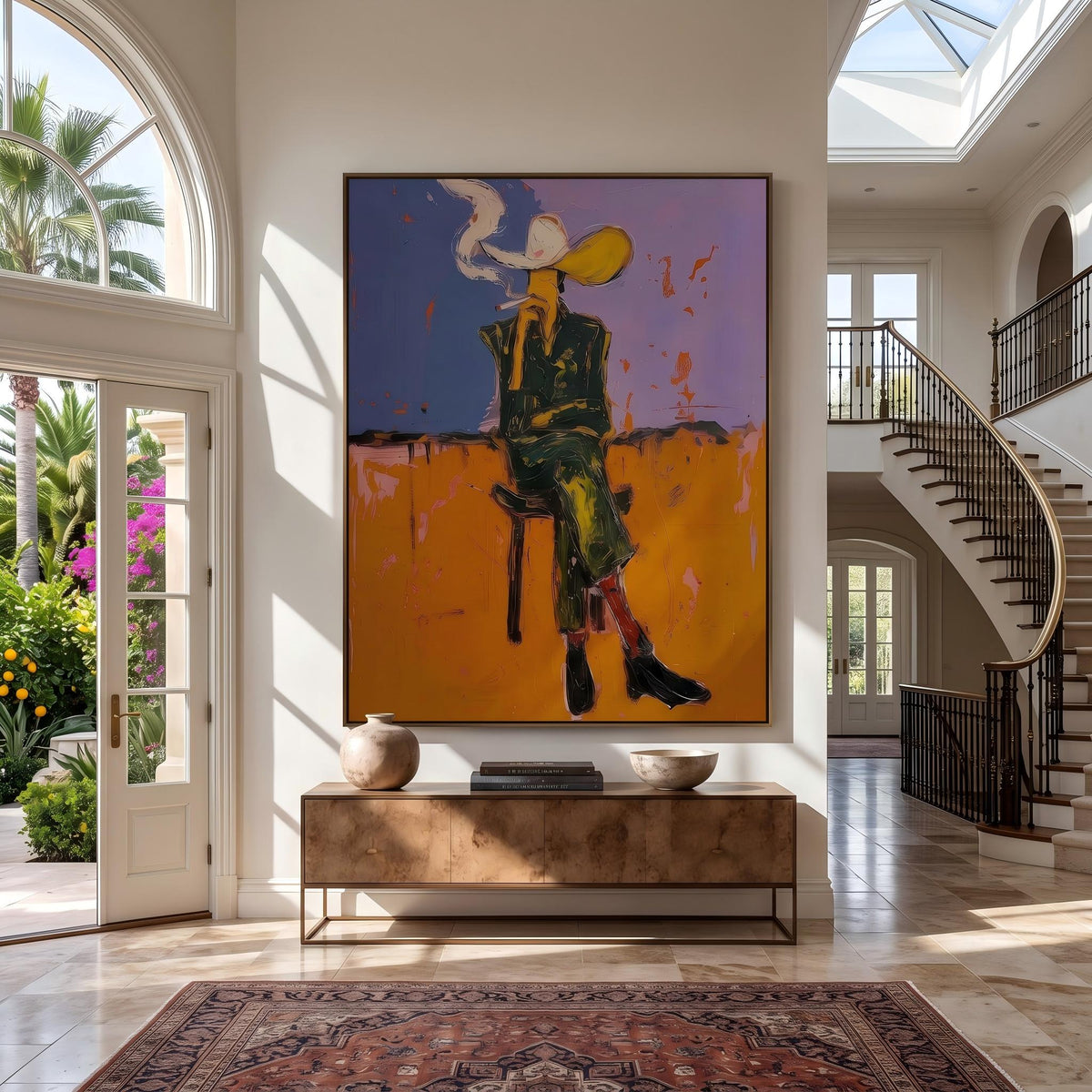"Cigarettes Western Cowboy" - Modern Heavy Impasto Western Animal Artwork | Orange Palette Knife Painting | Luxury Vertical Wall Art #YK 1579