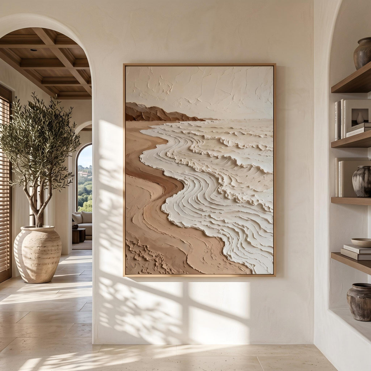 "Neutral Tones Stereoscopic Seaside Wall Decor" - Modern Heavy Impasto Coastal Landscape | Beige Palette Knife Painting | Luxury Vertical Wall Art #YK 1613