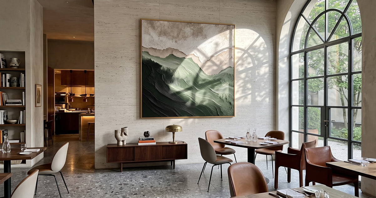 "Forest Ridge" - 3D Wabi-Sabi Mountain Relief | Green Beige & White Square Textured Art