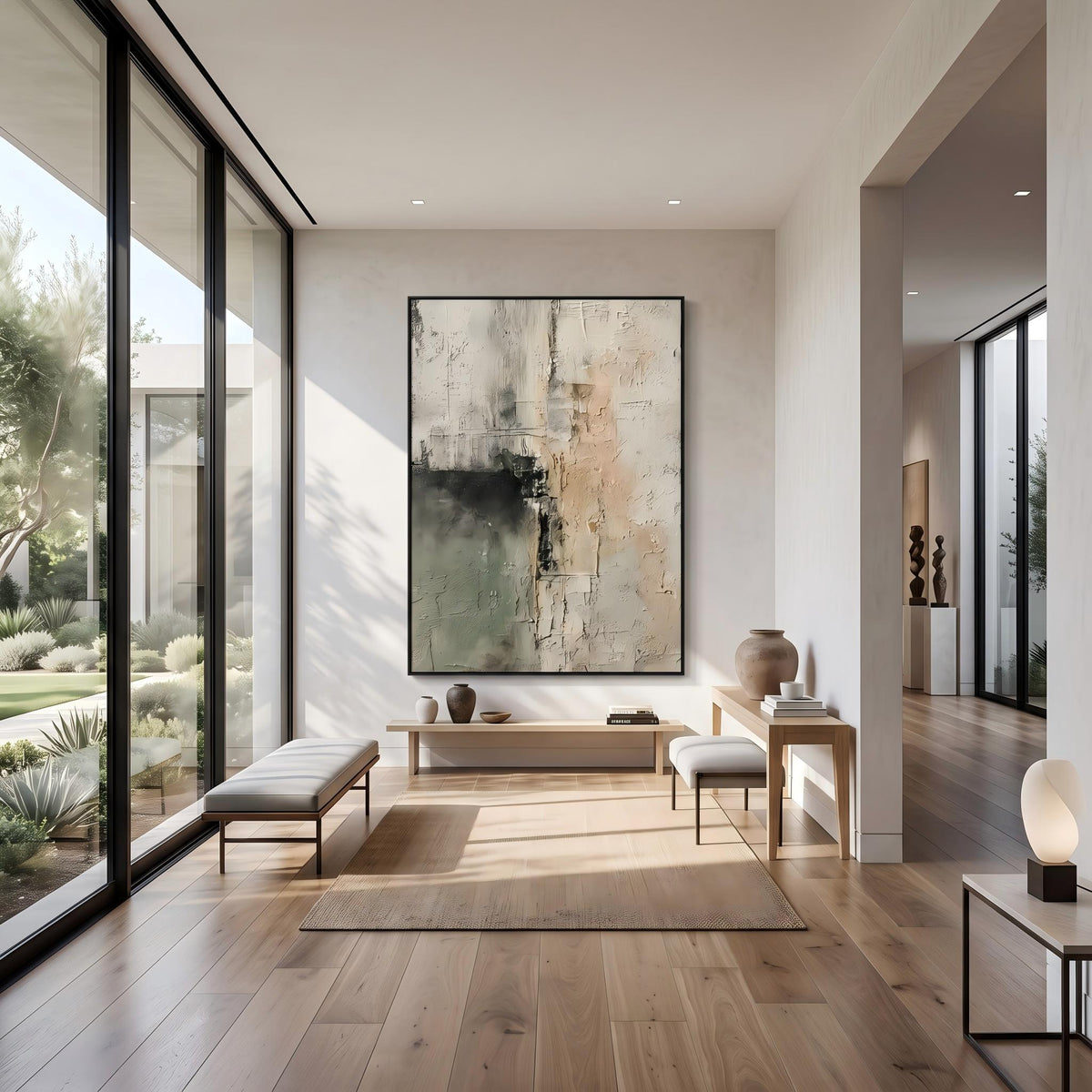 "Sage Green Beige Textured Abstract Wall" - Modern Heavy Impasto Abstract Artwork | Beige Palette Knife Painting | Luxury Vertical Wall Art #YK 1610