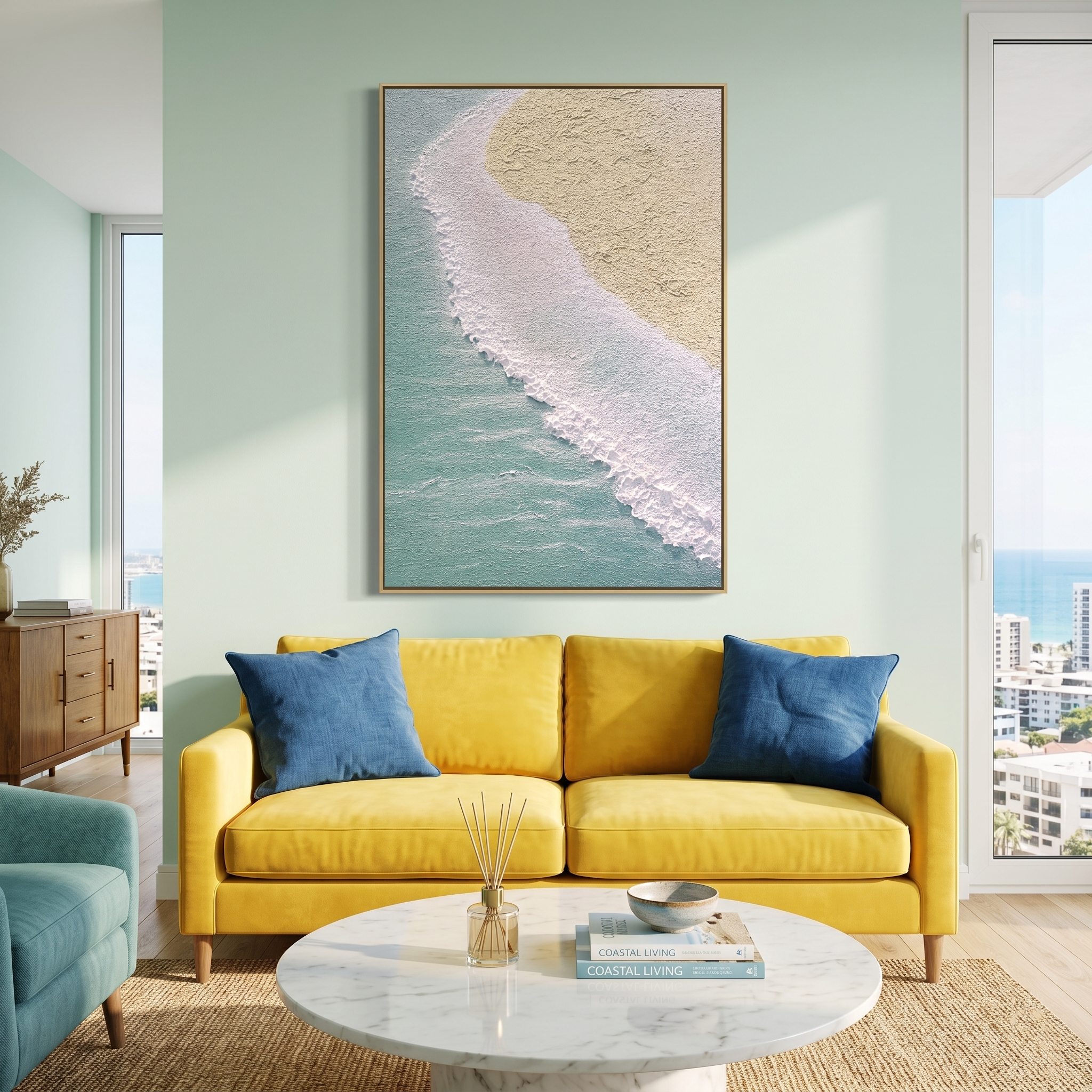 "Azure Crest" – Extreme 3D Heavy Impasto Coastal Abstract | Vertical Seafoam & Sand Statement Art