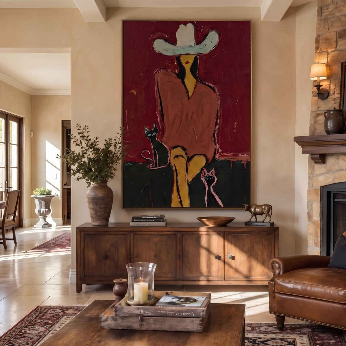 "Western Woman and Cat" - Modern Heavy Impasto Western Animal Artwork | Golden Palette Knife Painting | Luxury Vertical Wall Art #YK 1574