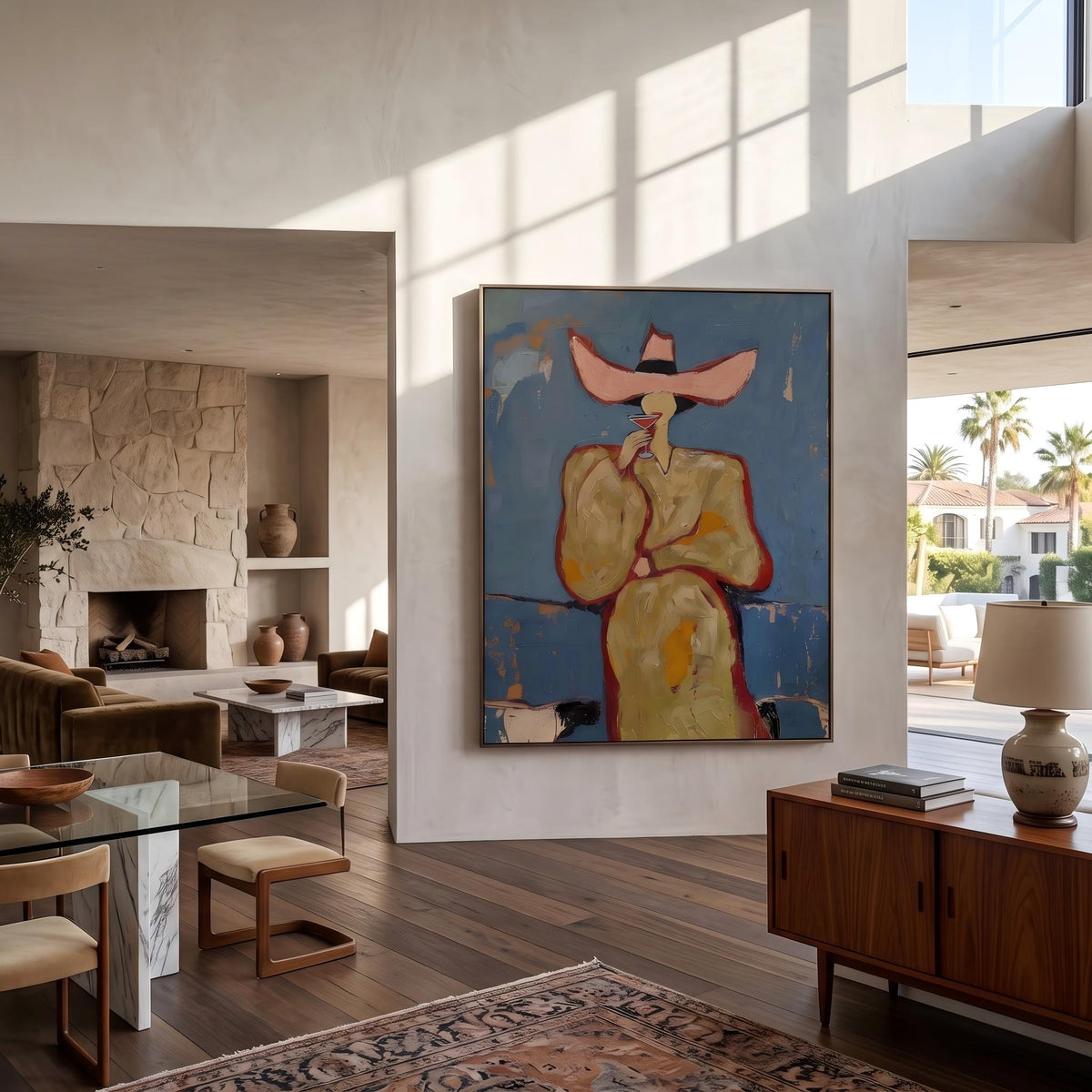 "Pink cowboy hat woman drinking cocktail" - Modern Heavy Impasto Western Animal Artwork | Golden & Orange Palette Knife Painting | Luxury Vertical Wall Art #YK 1576