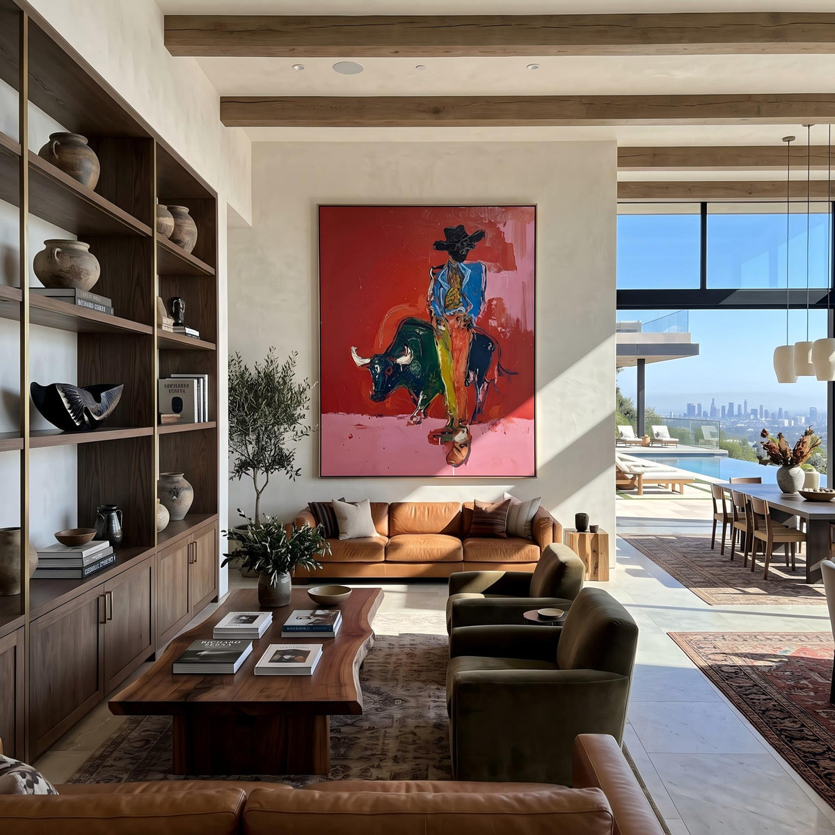 "Bullfighting Western Cowboy" - Modern Heavy Impasto Western Animal Artwork | Pink Palette Knife Painting | Luxury Vertical Wall Art #YK 1581